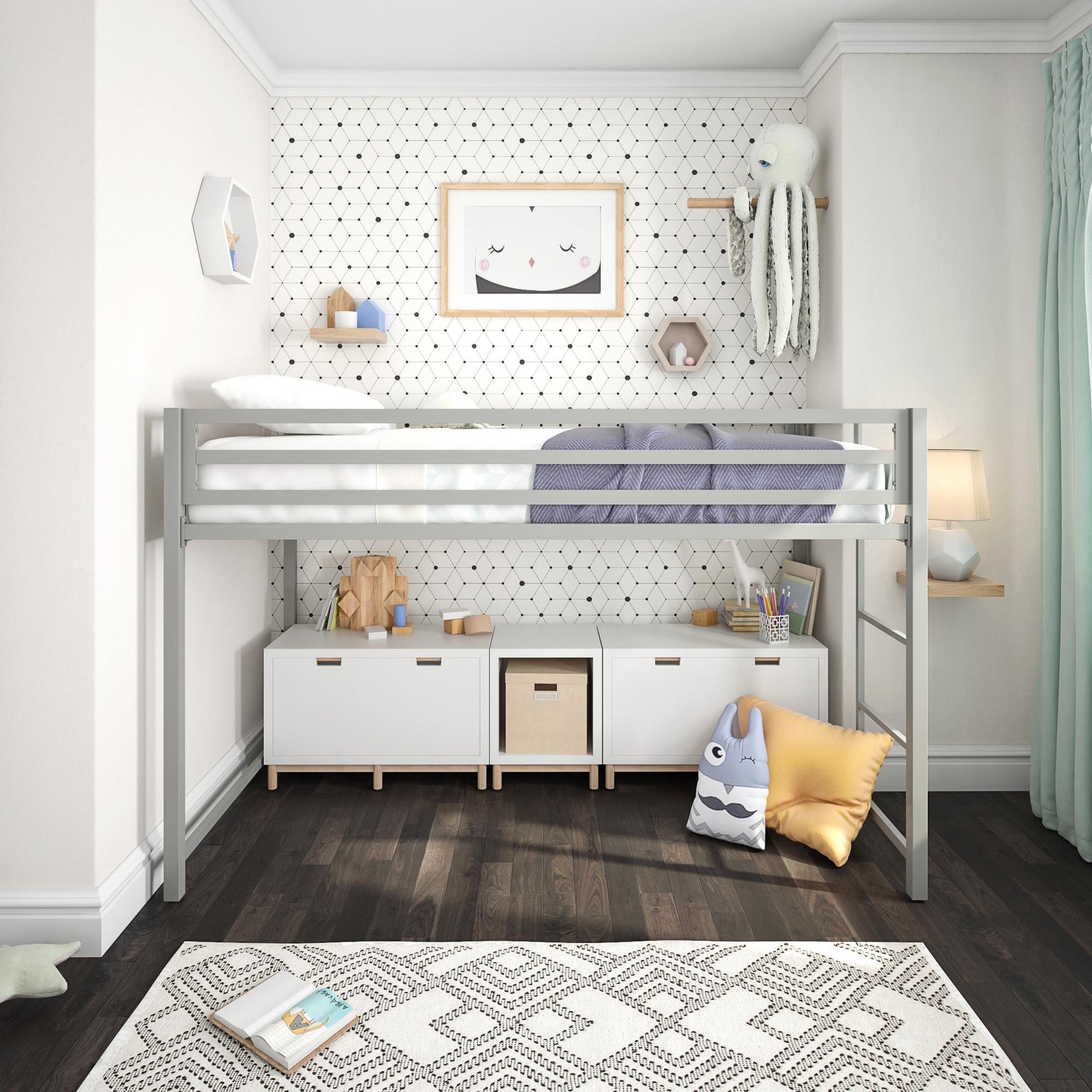 Miles Metal Junior Twin Loft Bed with Integrated Ladder - Silver - Twin