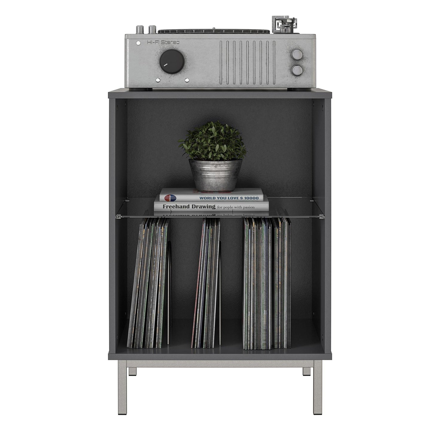 Lumina Turntable Stand with 2 Shelves and LED Lights - Graphite Grey