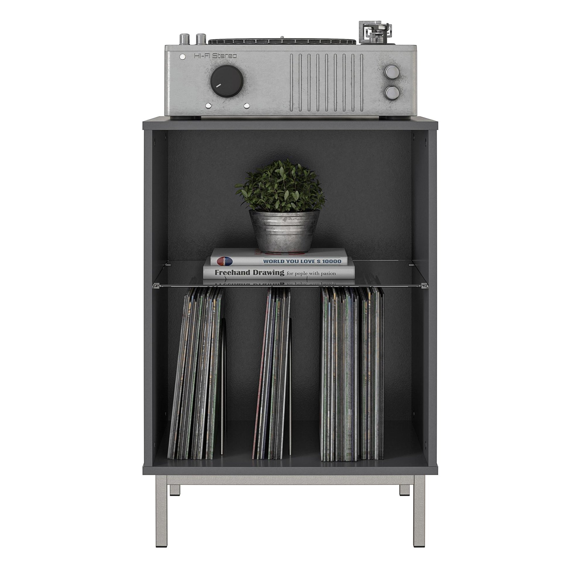 Lumina Turntable Stand with 2 Shelves and LED Lights - Graphite Grey