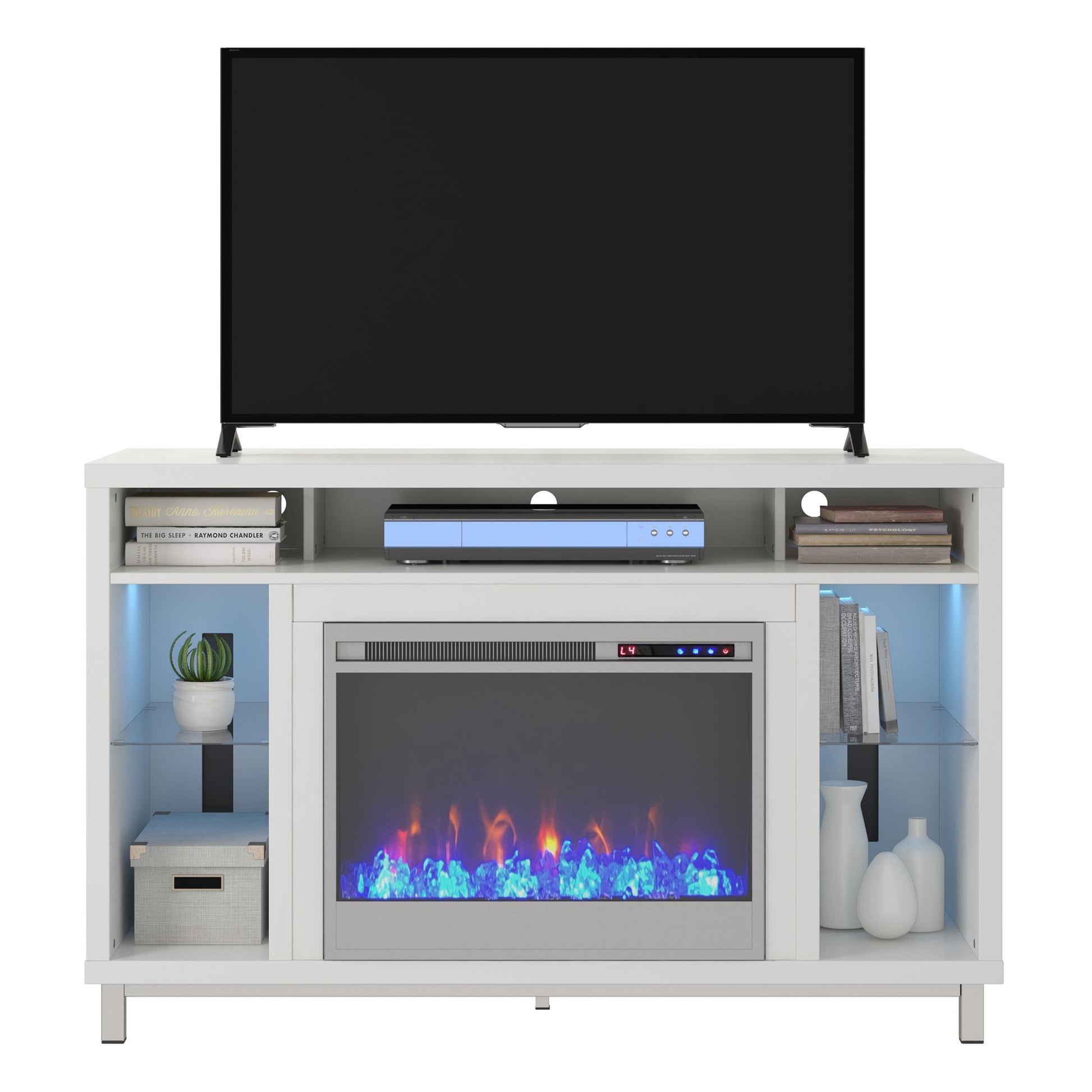 Lumina Fireplace TV Stand for TVs up to 48 Inch with 7 Color LED Lights - White - 46”-50”