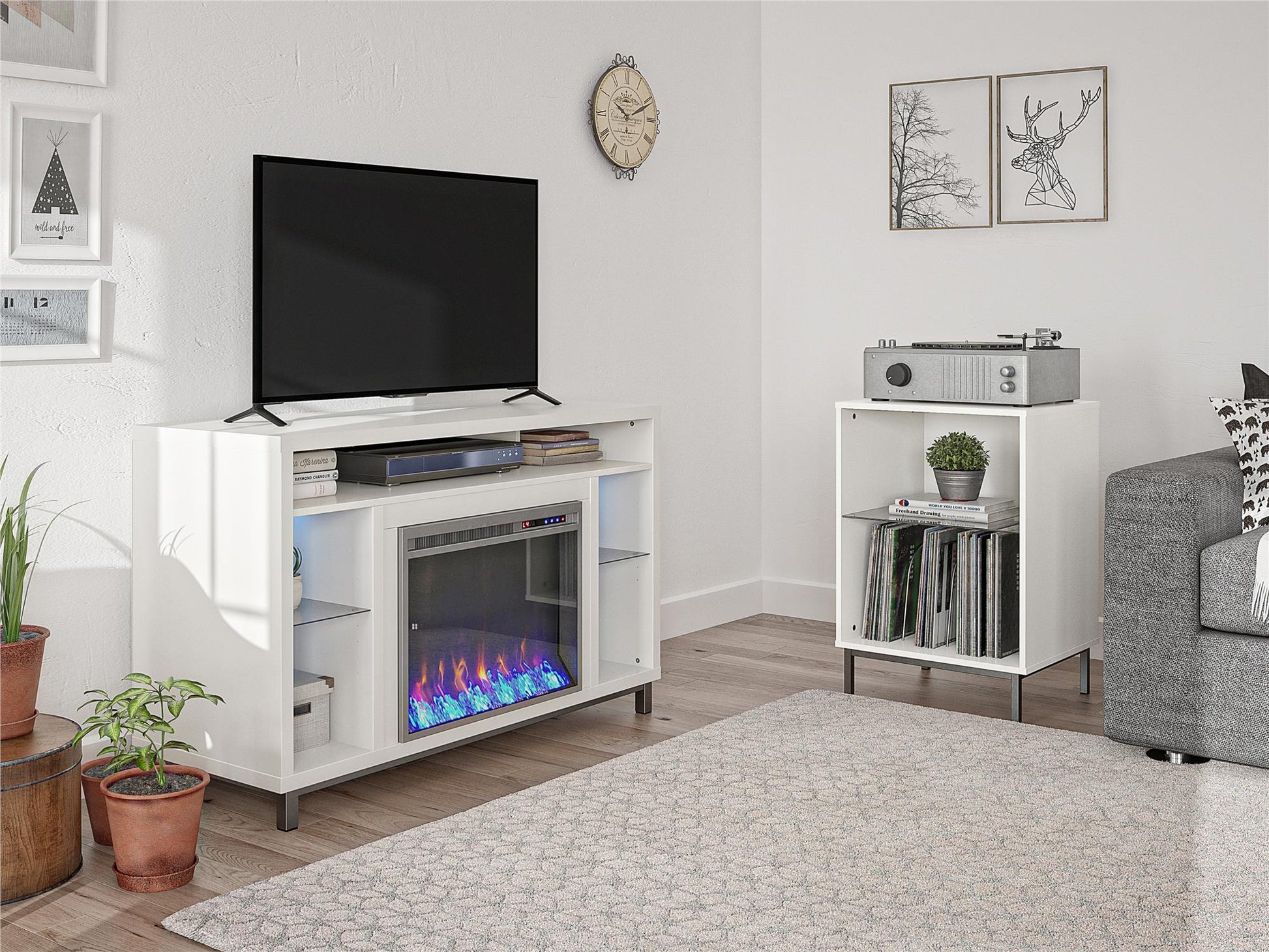 Lumina Fireplace TV Stand for TVs up to 48 Inch with 7 Color LED Lights - White - 46”-50”
