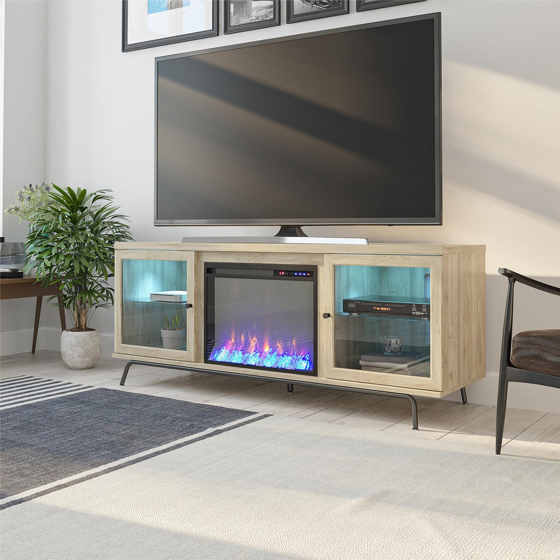 Sydney View Fireplace TV Stand for TVs up to 70 Inches with LED Lighting - Blonde Oak