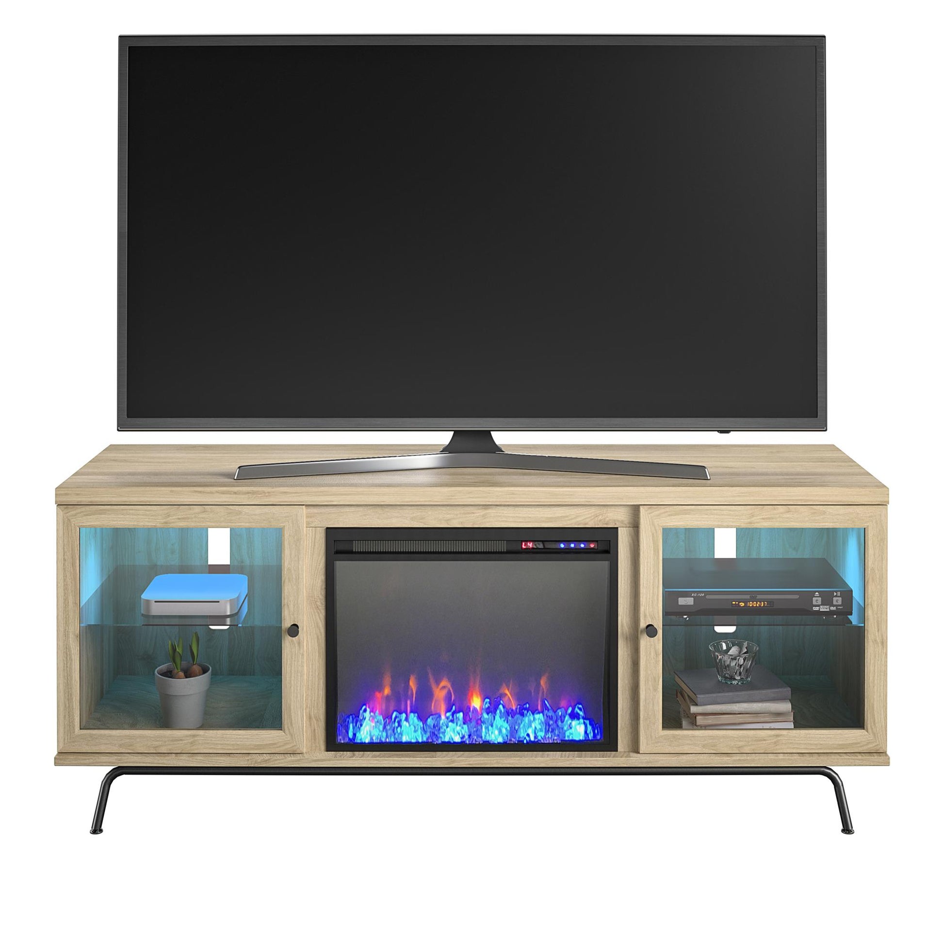 Sydney View Fireplace TV Stand for TVs up to 70 Inches with LED Lighting - Blonde Oak