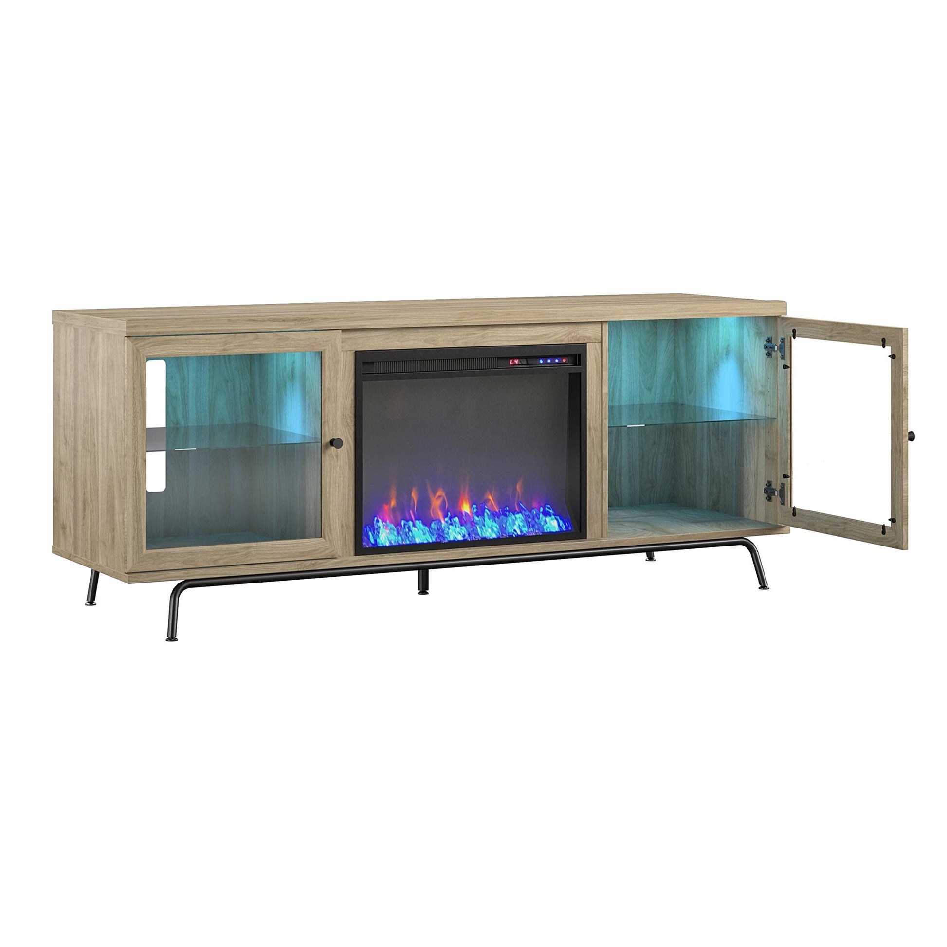 Sydney View Fireplace TV Stand for TVs up to 70 Inches with LED Lighting - Blonde Oak