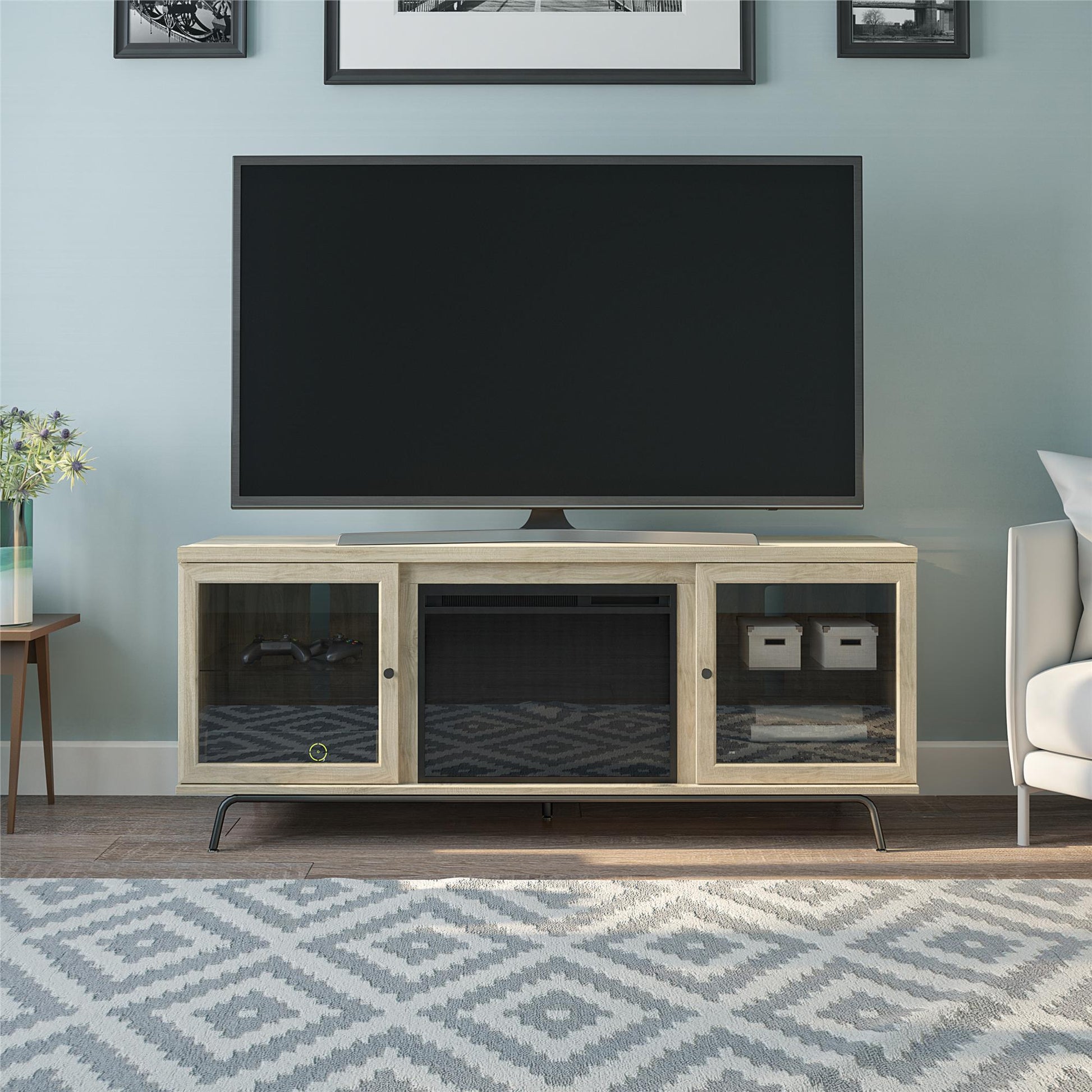Sydney View Fireplace TV Stand for TVs up to 70 Inches with LED Lighting - Blonde Oak