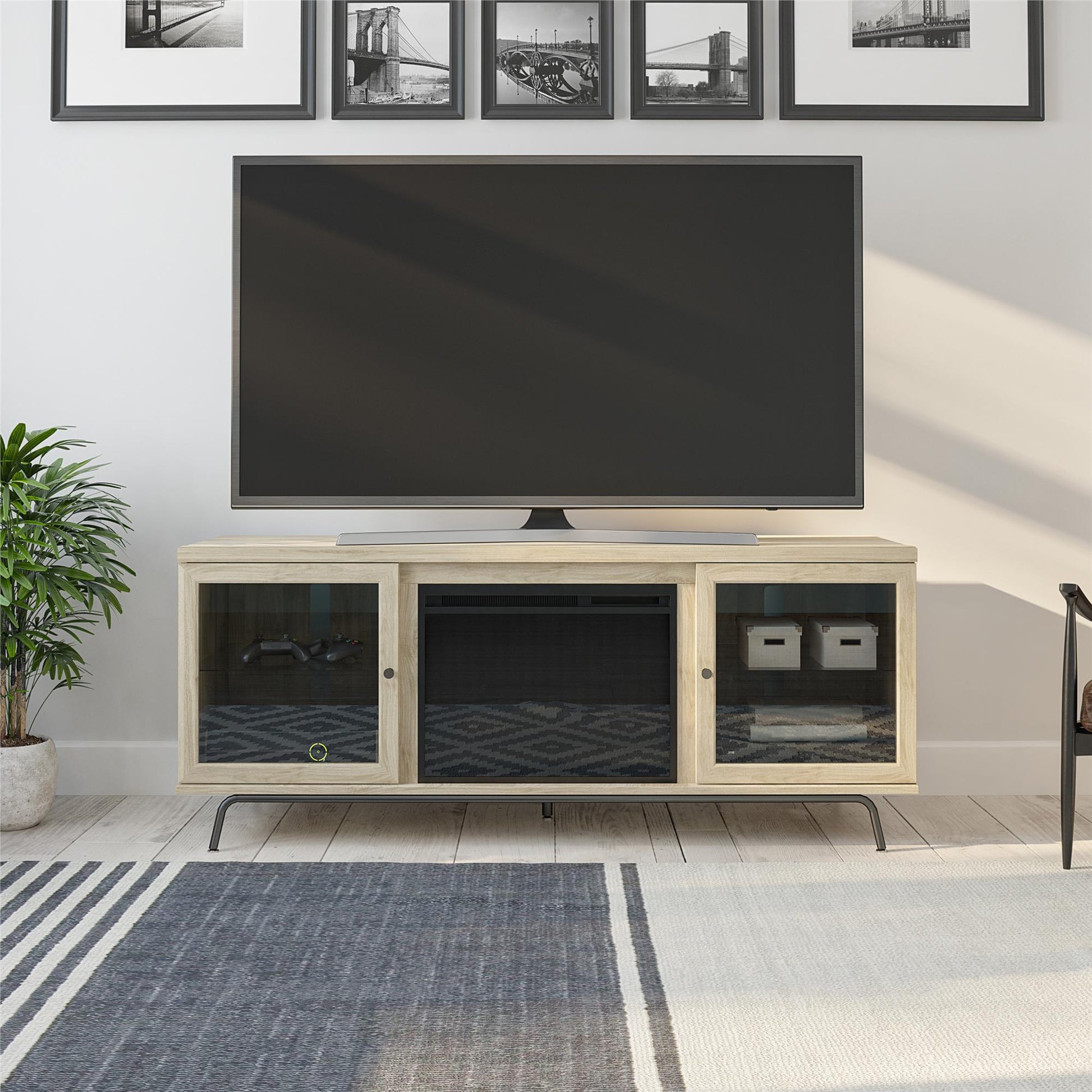 Sydney View Fireplace TV Stand for TVs up to 70 Inches with LED Lighting - Blonde Oak