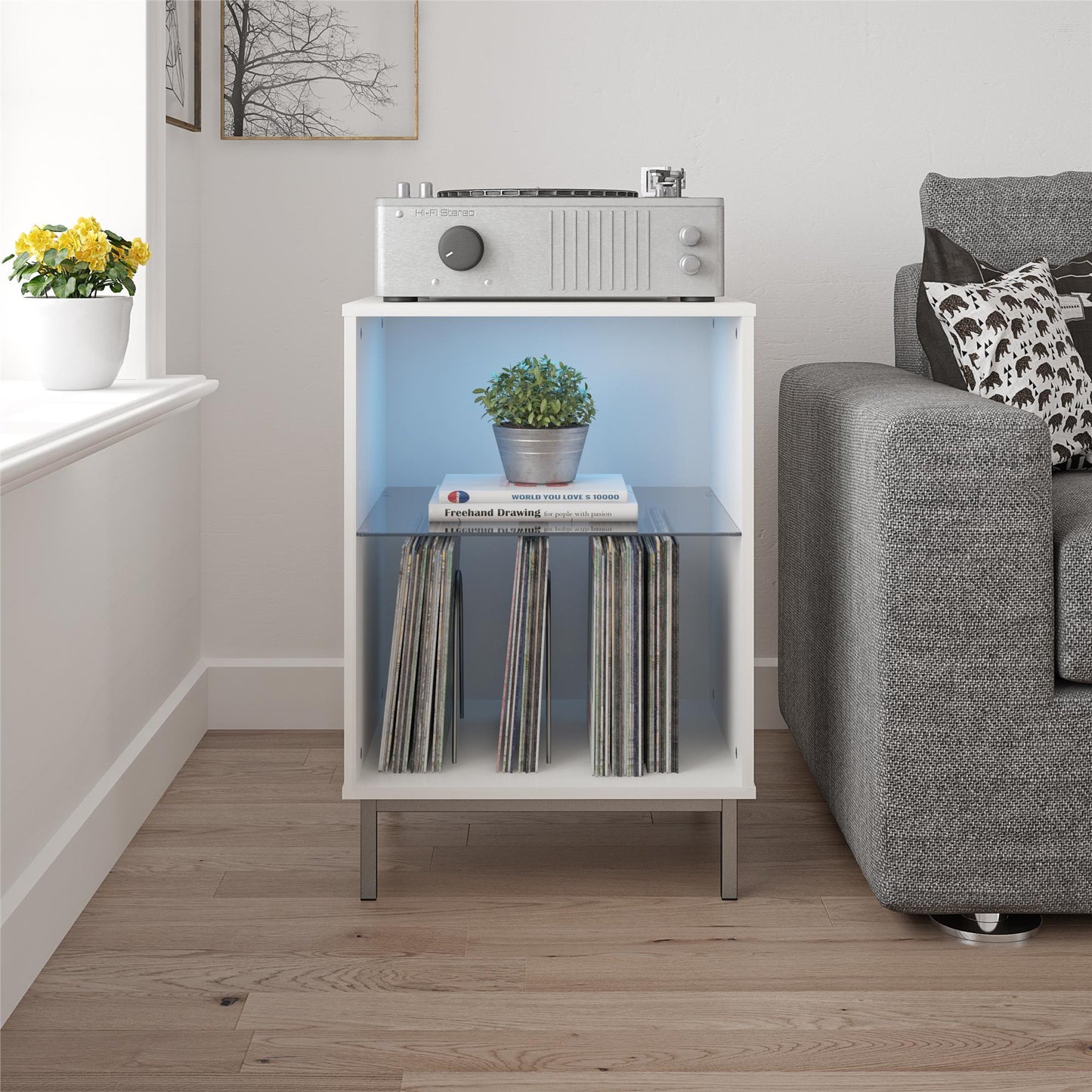 Lumina Turntable Stand with 2 Shelves and LED Lights - Black Oak