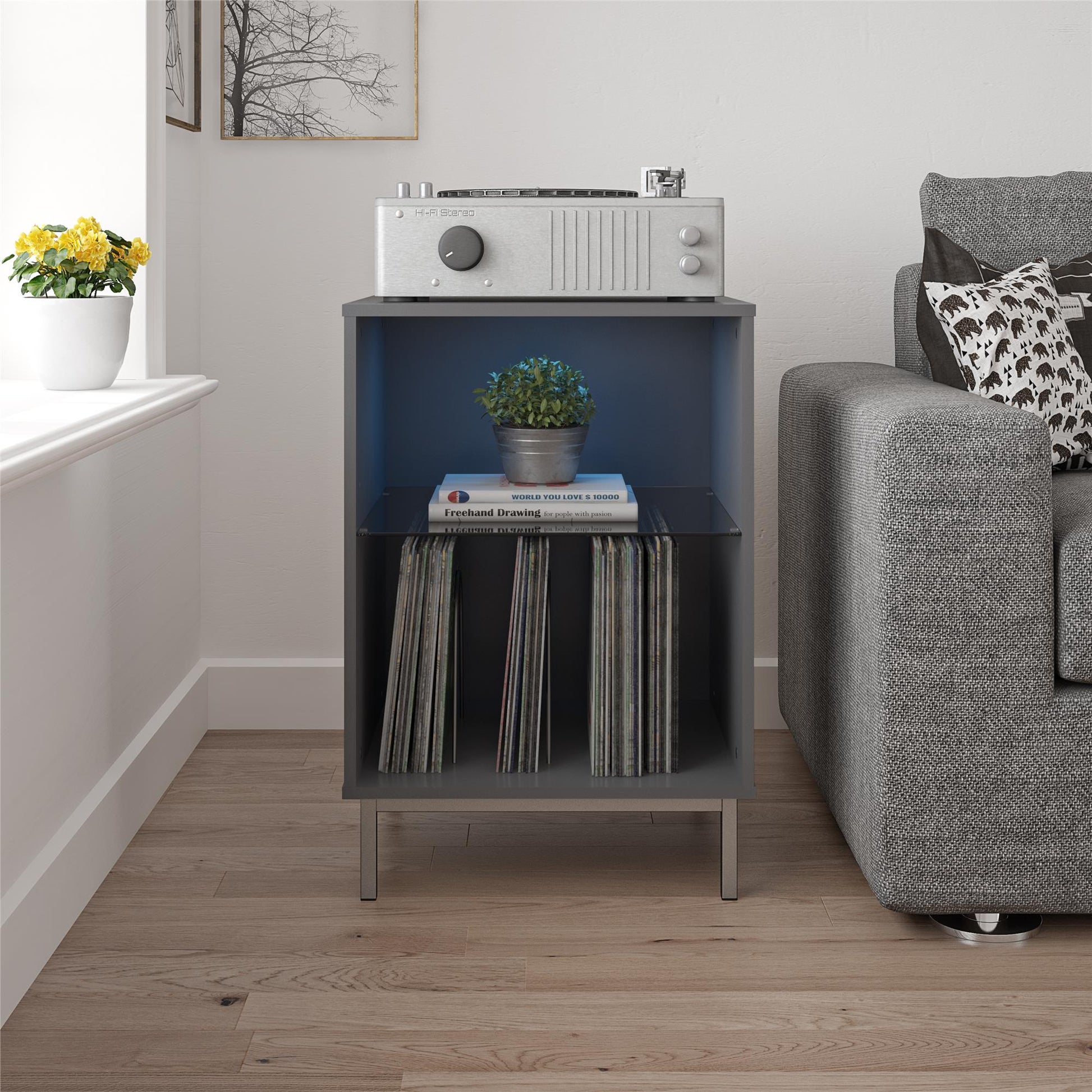 Lumina Turntable Stand with 2 Shelves and LED Lights - White