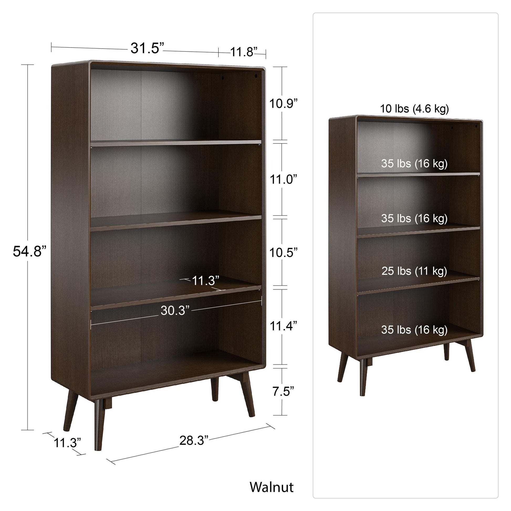 Brittany 4 Shelf Bookcase, Walnut - Florence Walnut