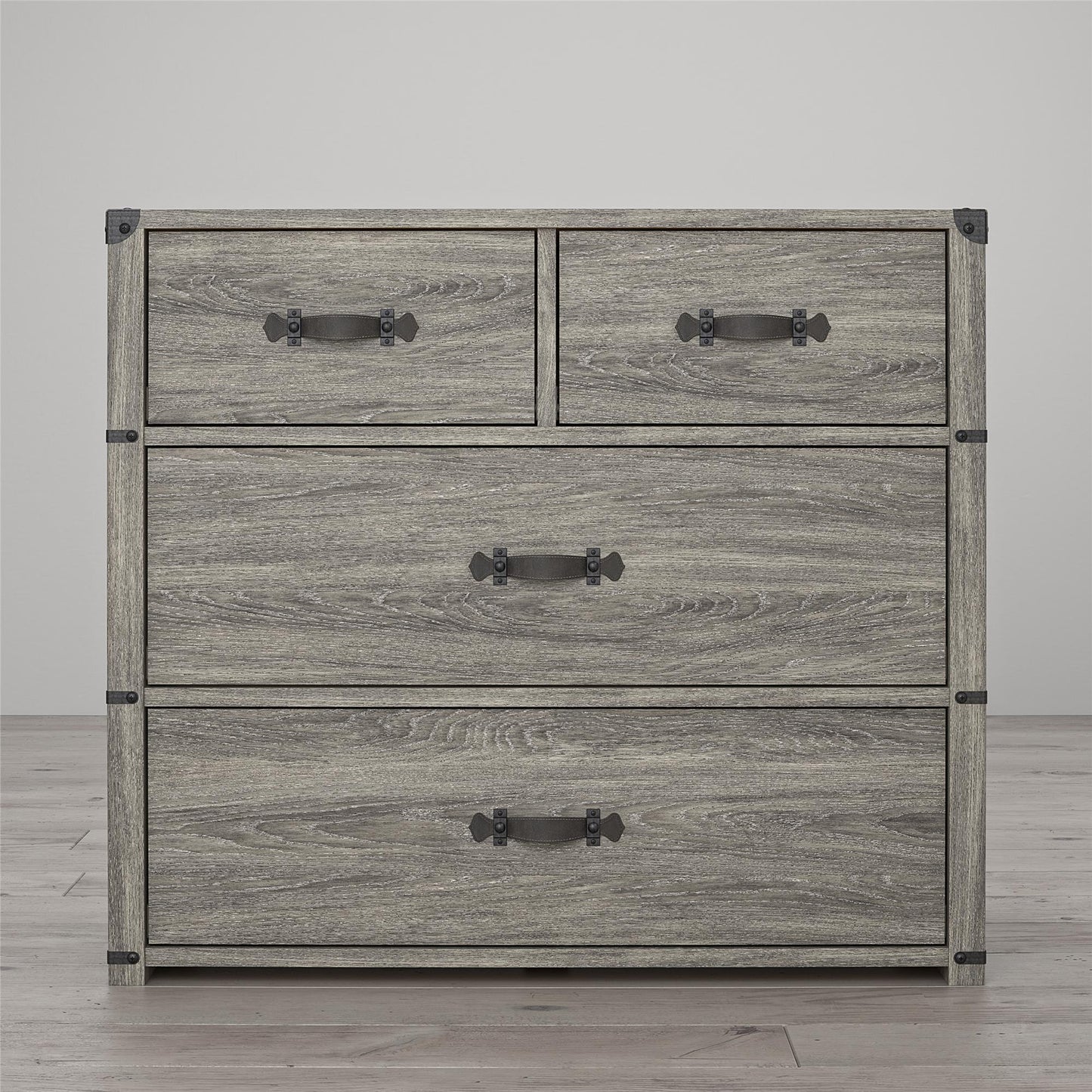 Nova 4 Drawer Storage Dresser with Leather Drawer Pulls - Gray Oak
