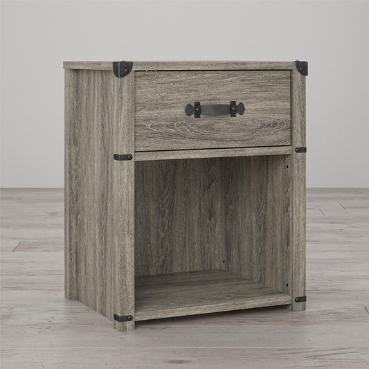Nova 1 Drawer Storage Nightstand with Leather Drawer Pull - Gray Oak