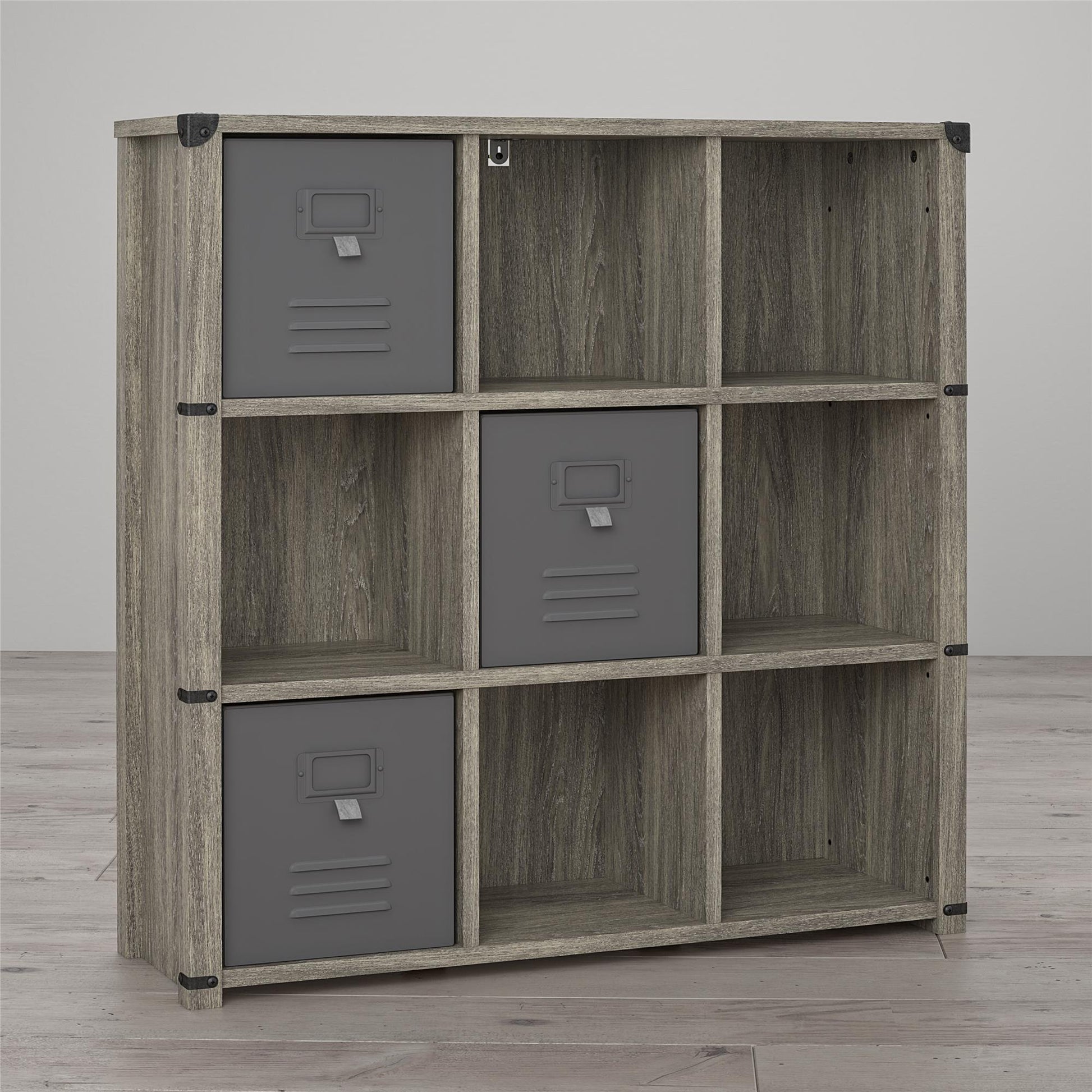 Nova 9 Cube Multipurpose Bookcase with Metal Accents - Gray Oak