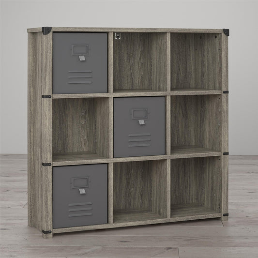 Nova 9 Cube Multipurpose Bookcase with Metal Accents - Gray Oak