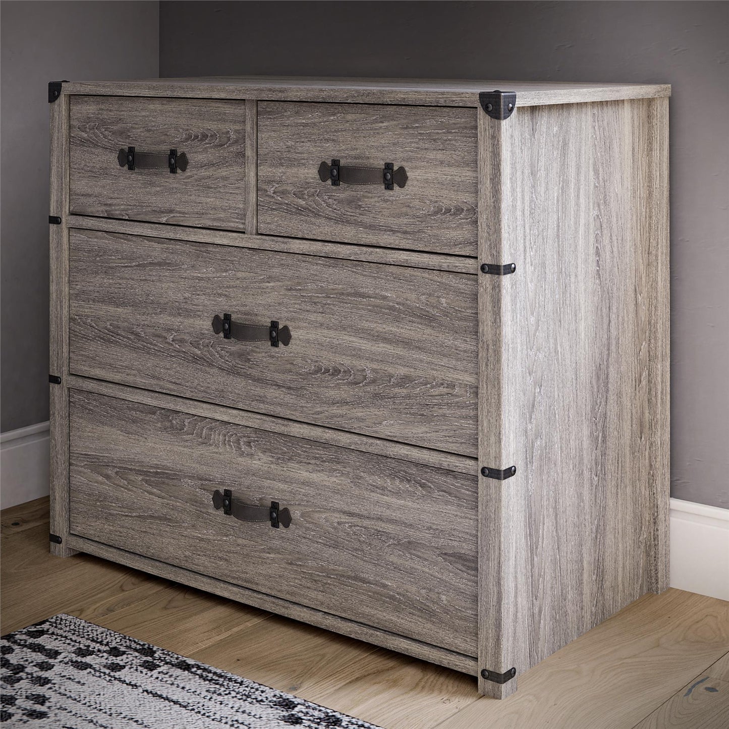 Nova 4 Drawer Storage Dresser with Leather Drawer Pulls - Gray Oak