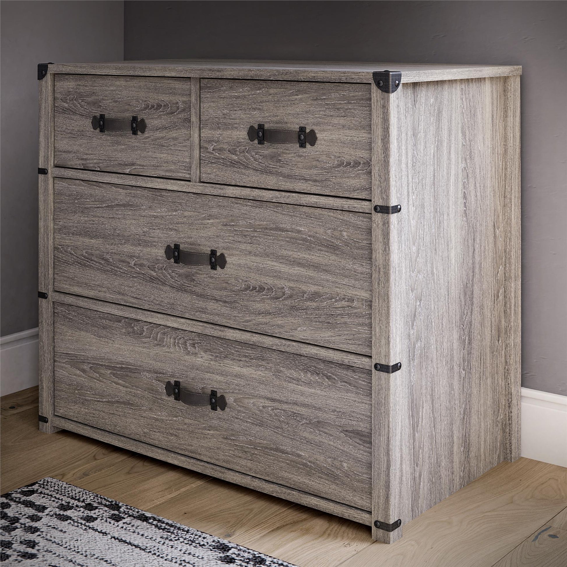 Nova 4 Drawer Storage Dresser with Leather Drawer Pulls - Gray Oak