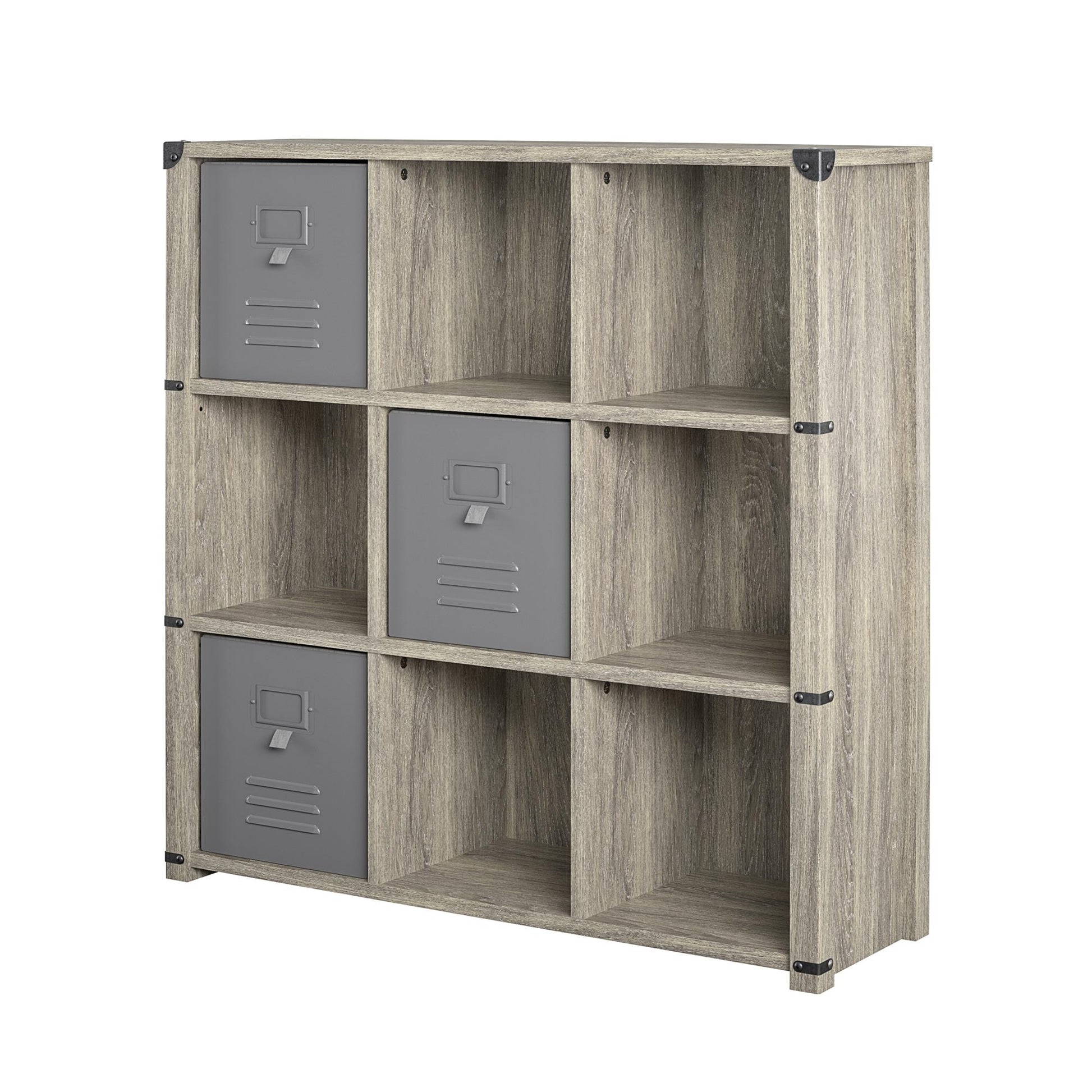 Nova 9 Cube Multipurpose Bookcase with Metal Accents - Gray Oak