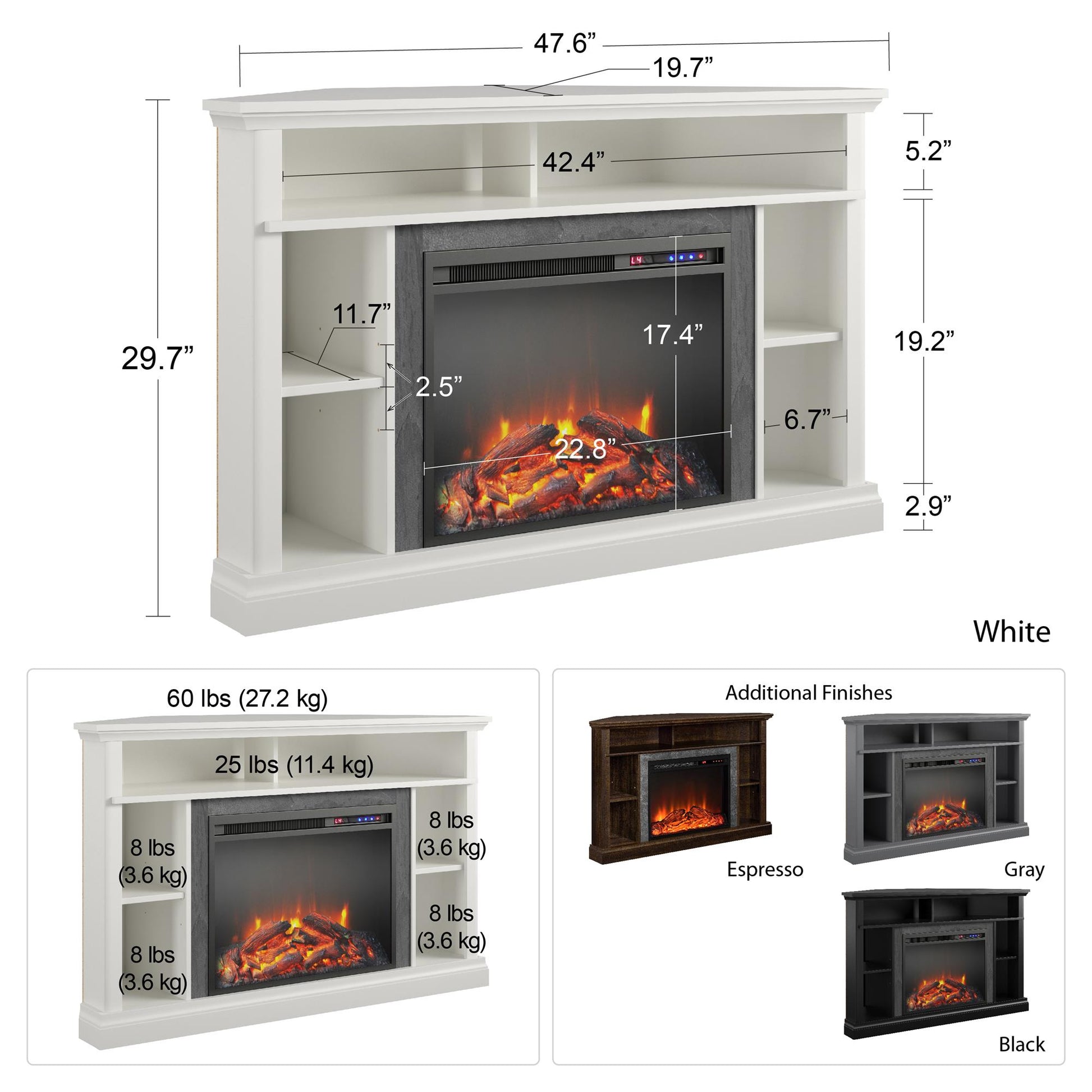 Overland Electric Corner Fireplace for TVs up to 50 Inches - Graphite Grey