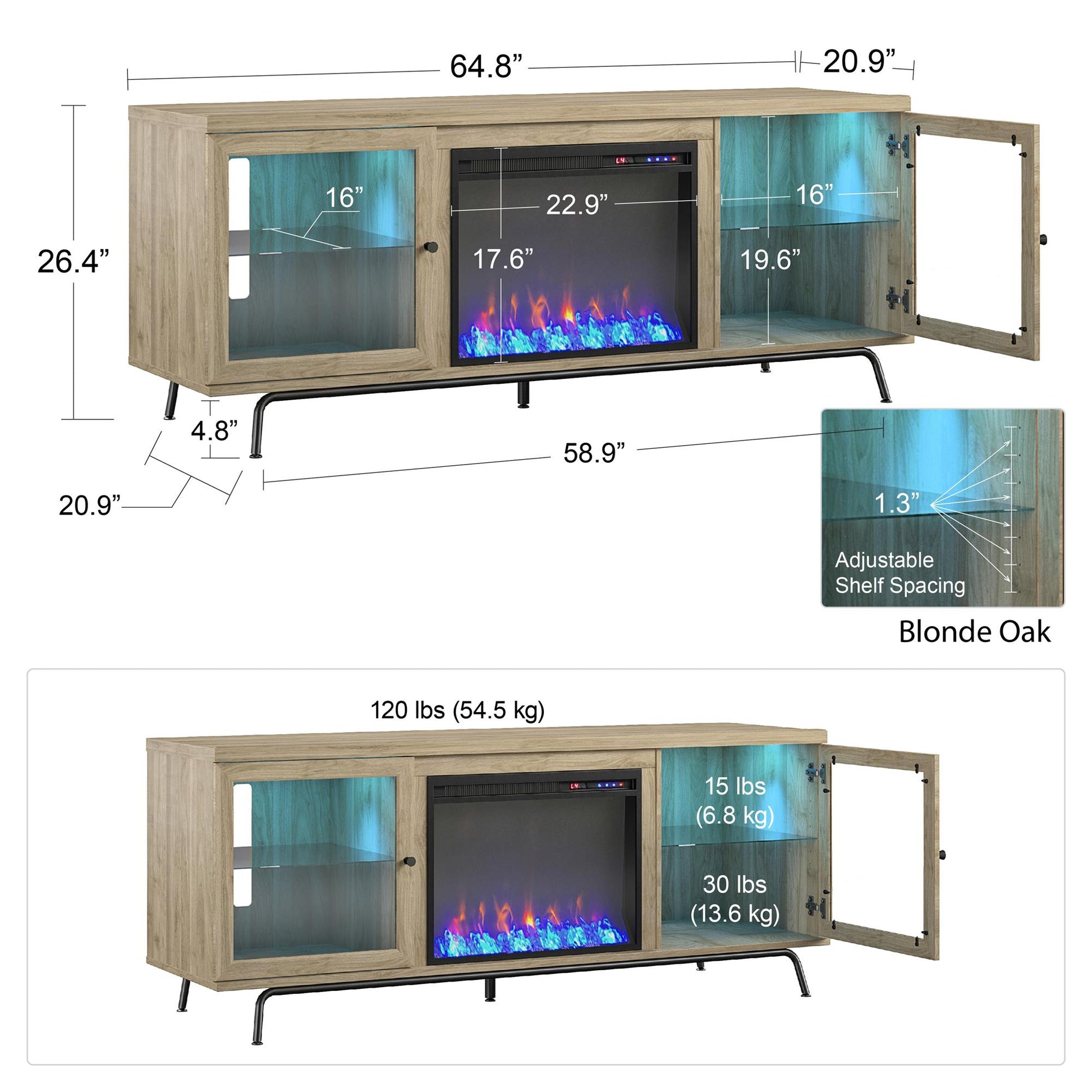 Sydney View Fireplace TV Stand for TVs up to 70 Inches with LED Lighting - Blonde Oak