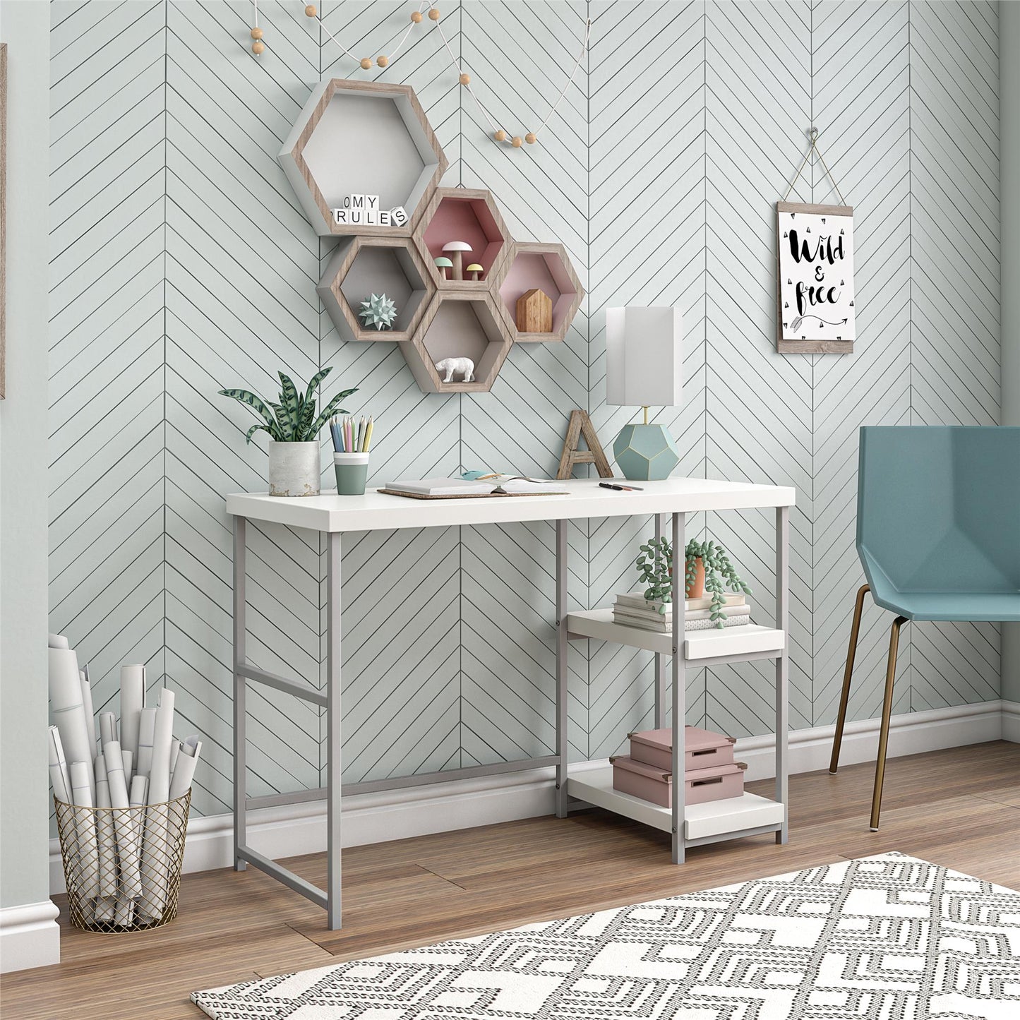 Kimberly Kids Desk with Reversible Shelves and Large Work Surface - White