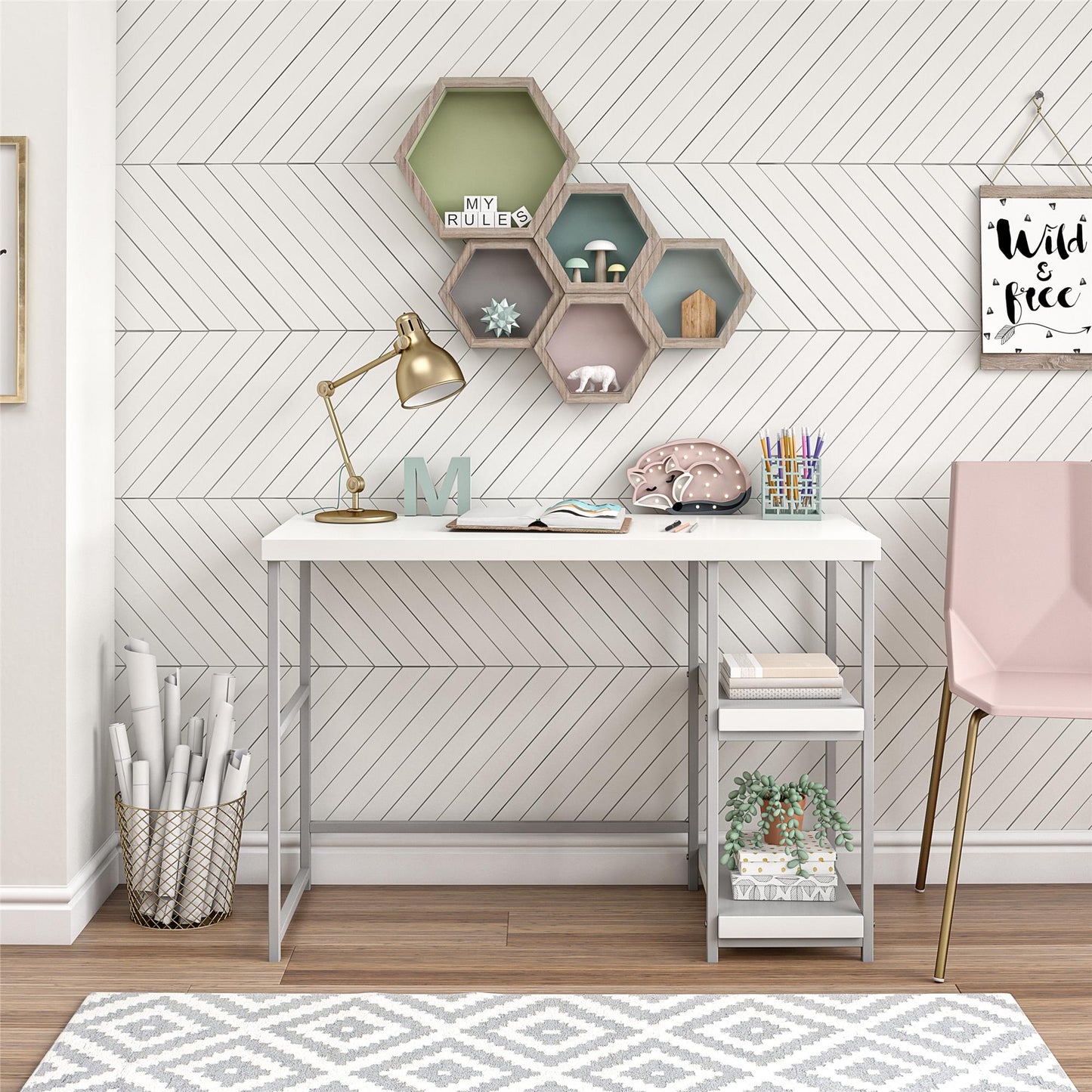 Kimberly Kids Desk with Reversible Shelves and Large Work Surface - White