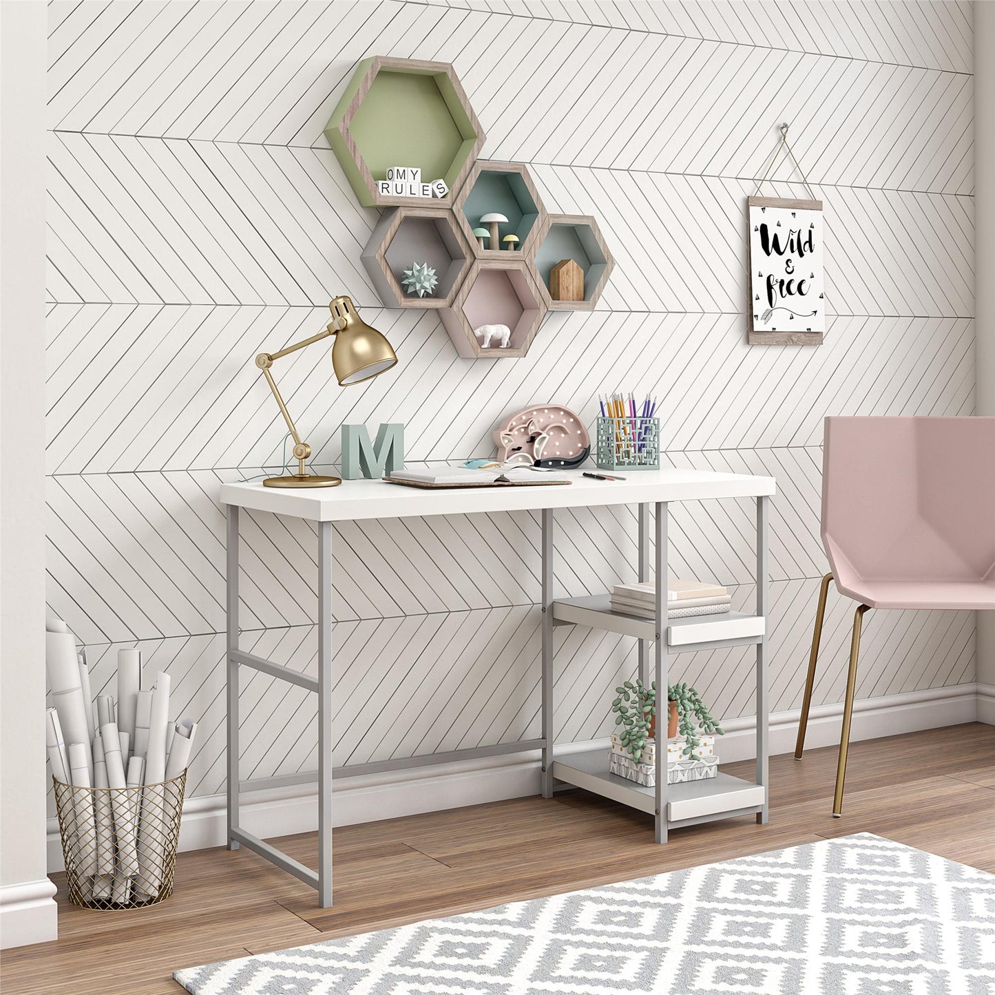 Kimberly Kids Desk with Reversible Shelves and Large Work Surface - White