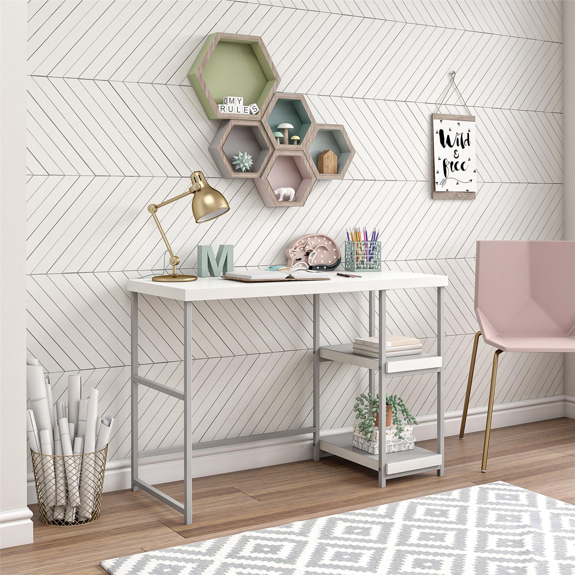 Kimberly Kids Desk with Reversible Shelves and Large Work Surface - White