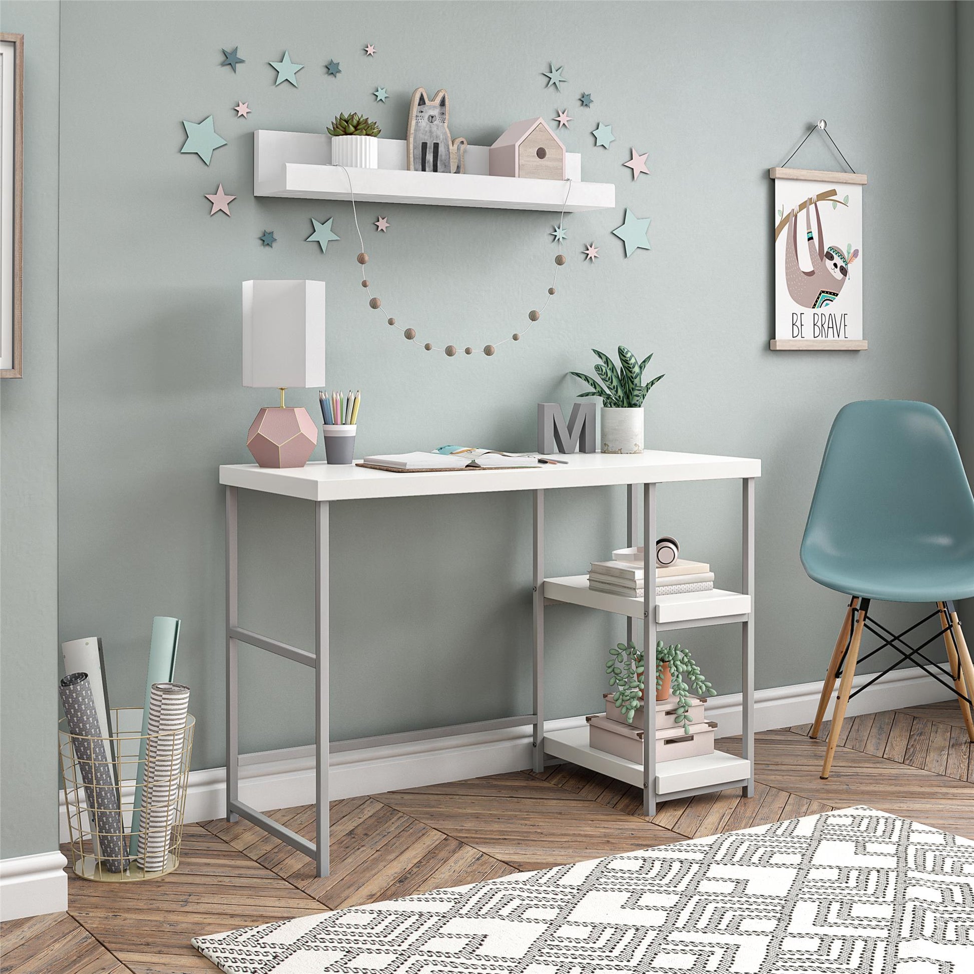 Kimberly Kids Desk with Reversible Shelves and Large Work Surface - White
