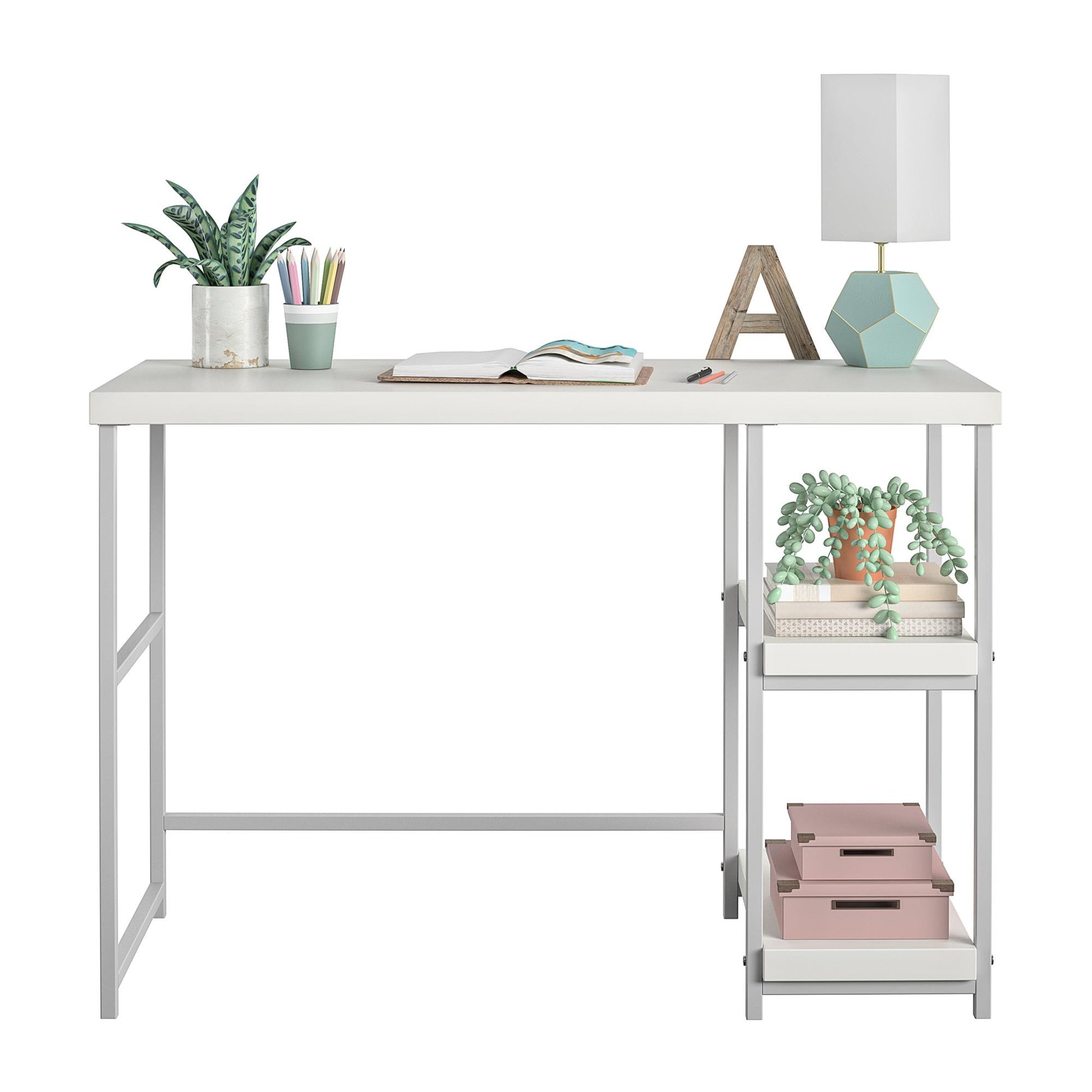 Kimberly Kids Desk with Reversible Shelves and Large Work Surface - White