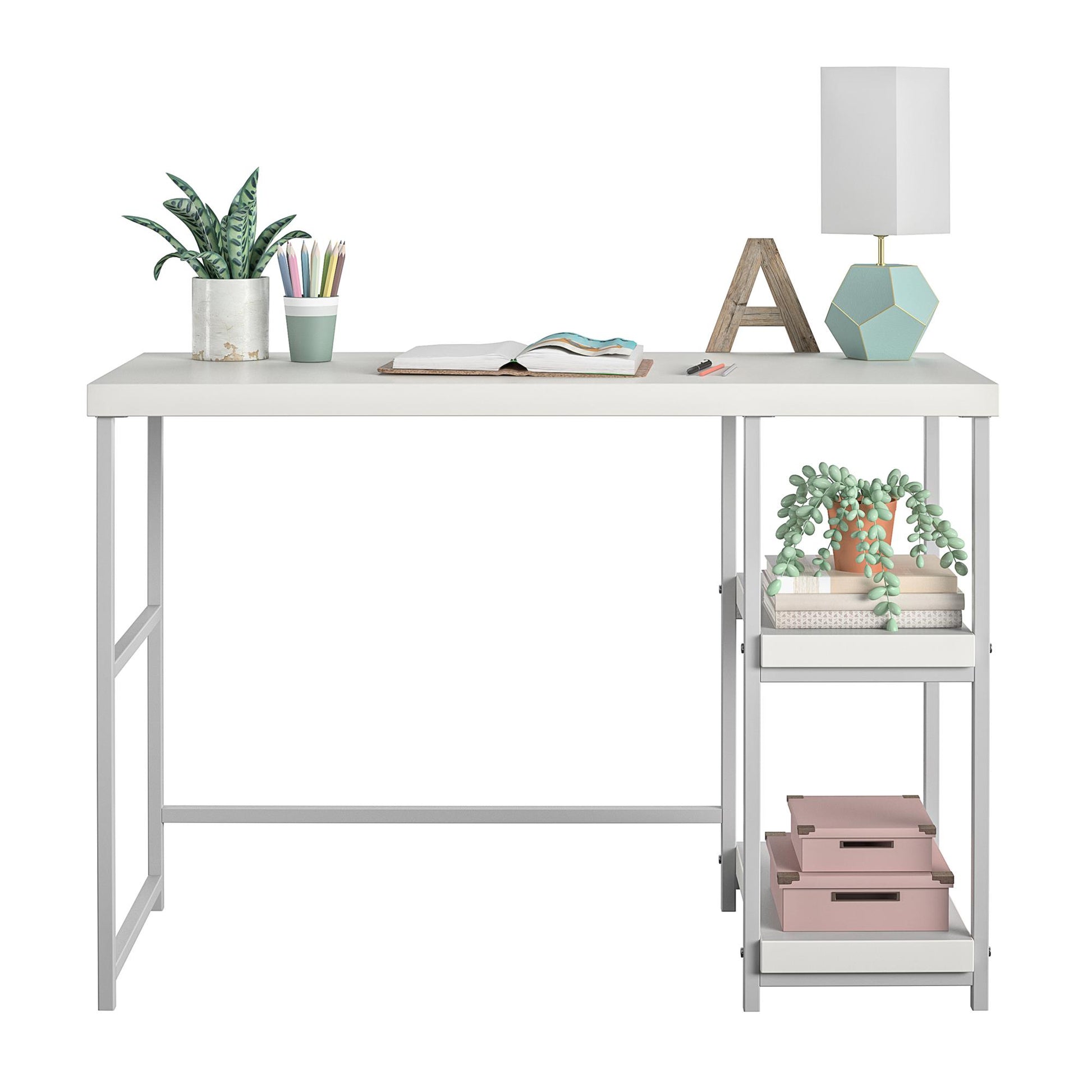 Kimberly Kids Desk with Reversible Shelves and Large Work Surface - White