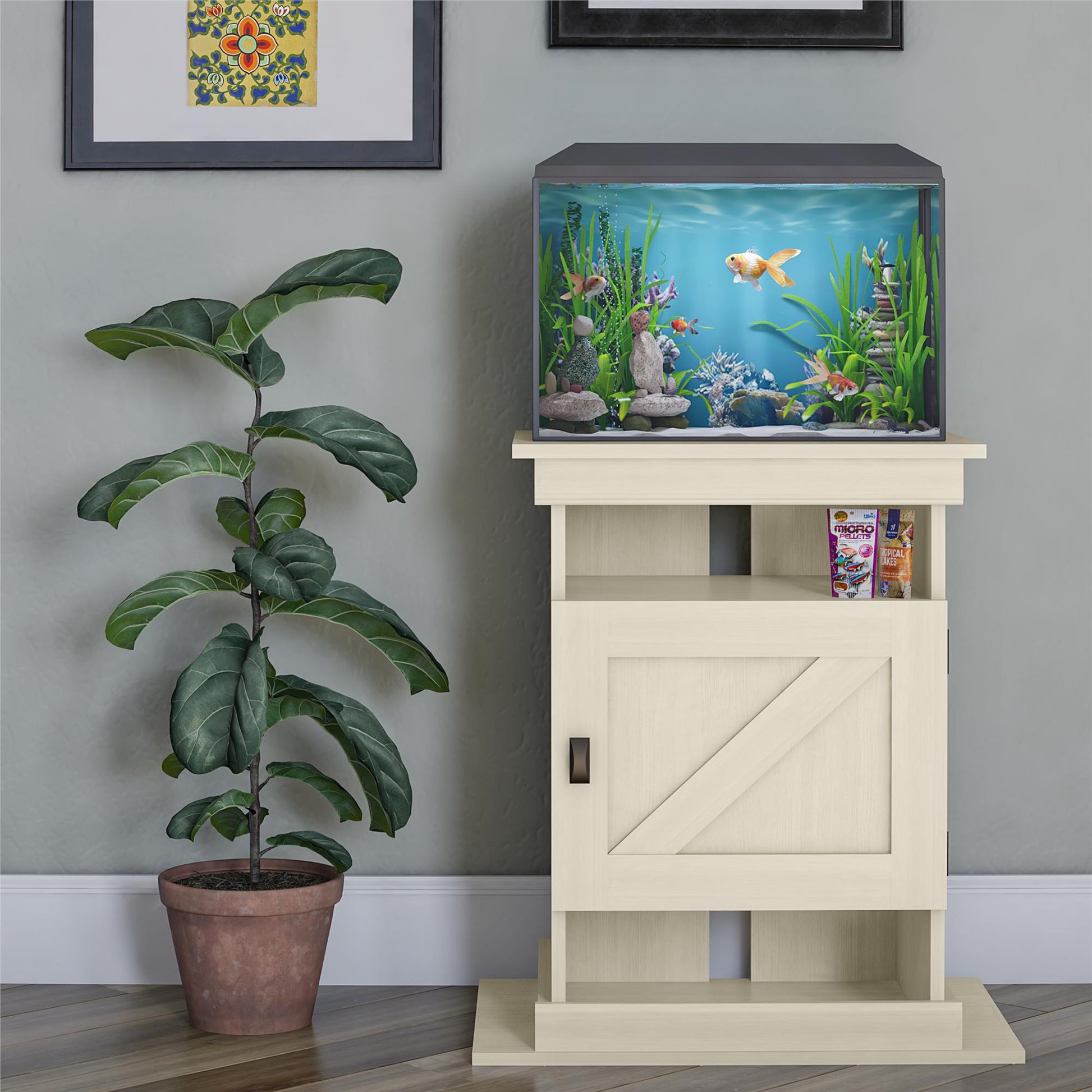 Flipper Farmington Rustic Farmhouse Aquarium Stand For 10 or 20 Gallon Tank - Ivory Oak