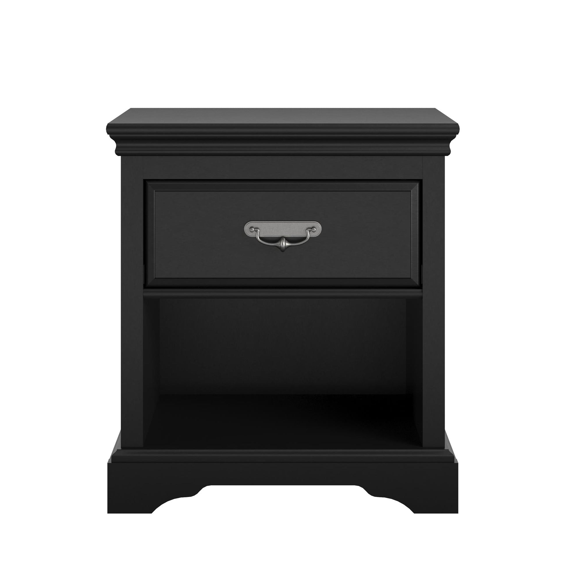 Bristol 1 Drawer Nightstand with Elegant Moldings and Pewter Pull - Black