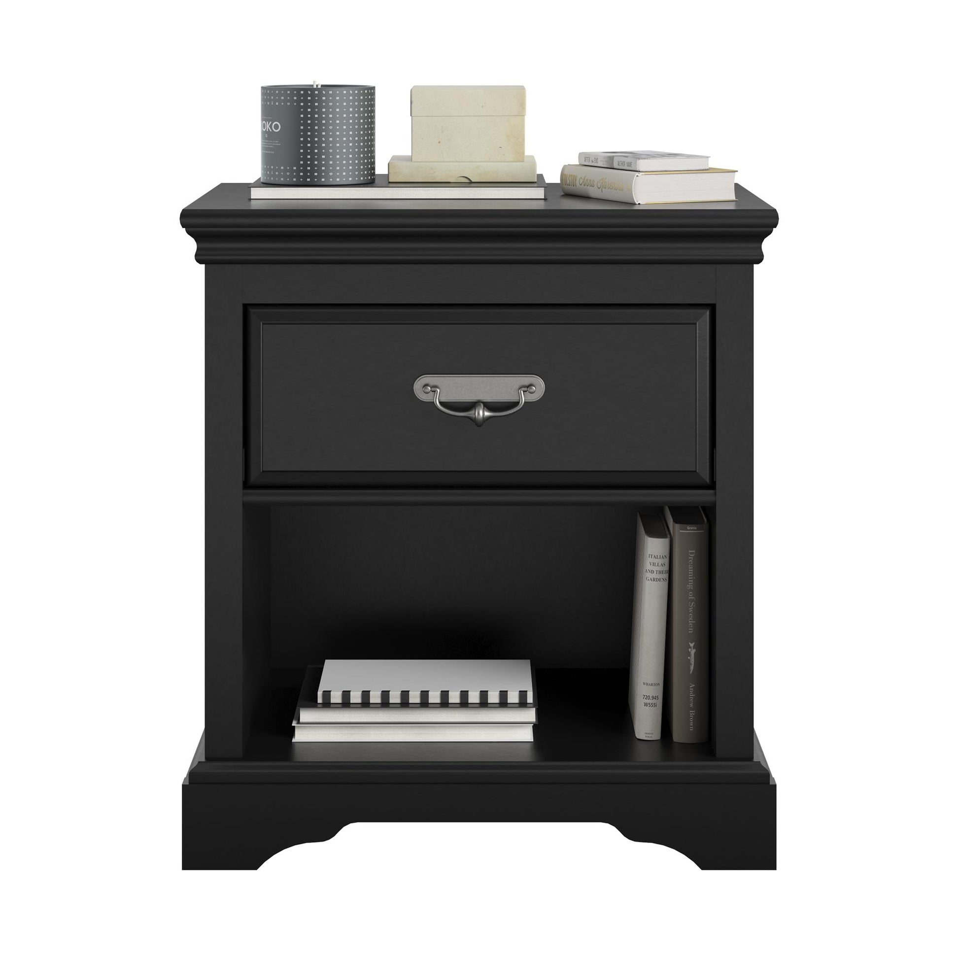 Bristol 1 Drawer Nightstand with Elegant Moldings and Pewter Pull - Black