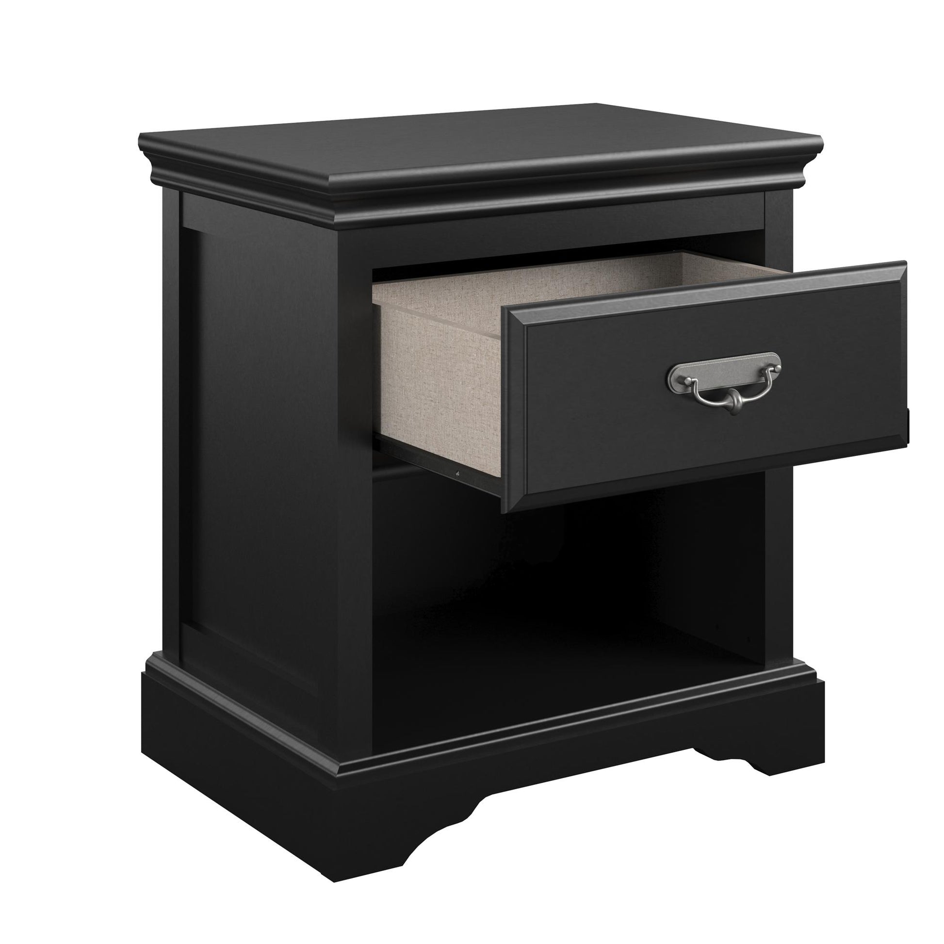 Bristol 1 Drawer Nightstand with Elegant Moldings and Pewter Pull - Black