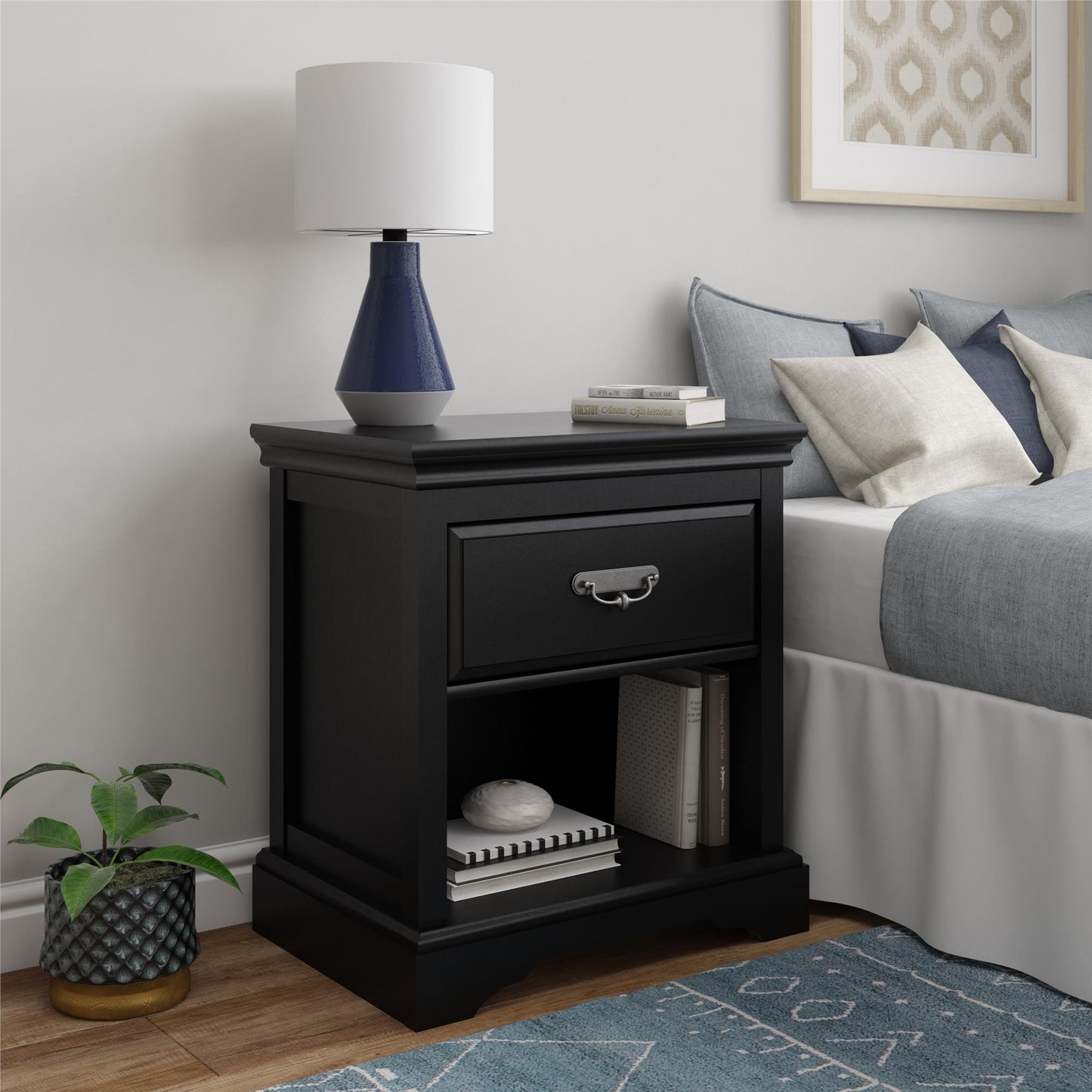 Bristol 1 Drawer Nightstand with Elegant Moldings and Pewter Pull - Black