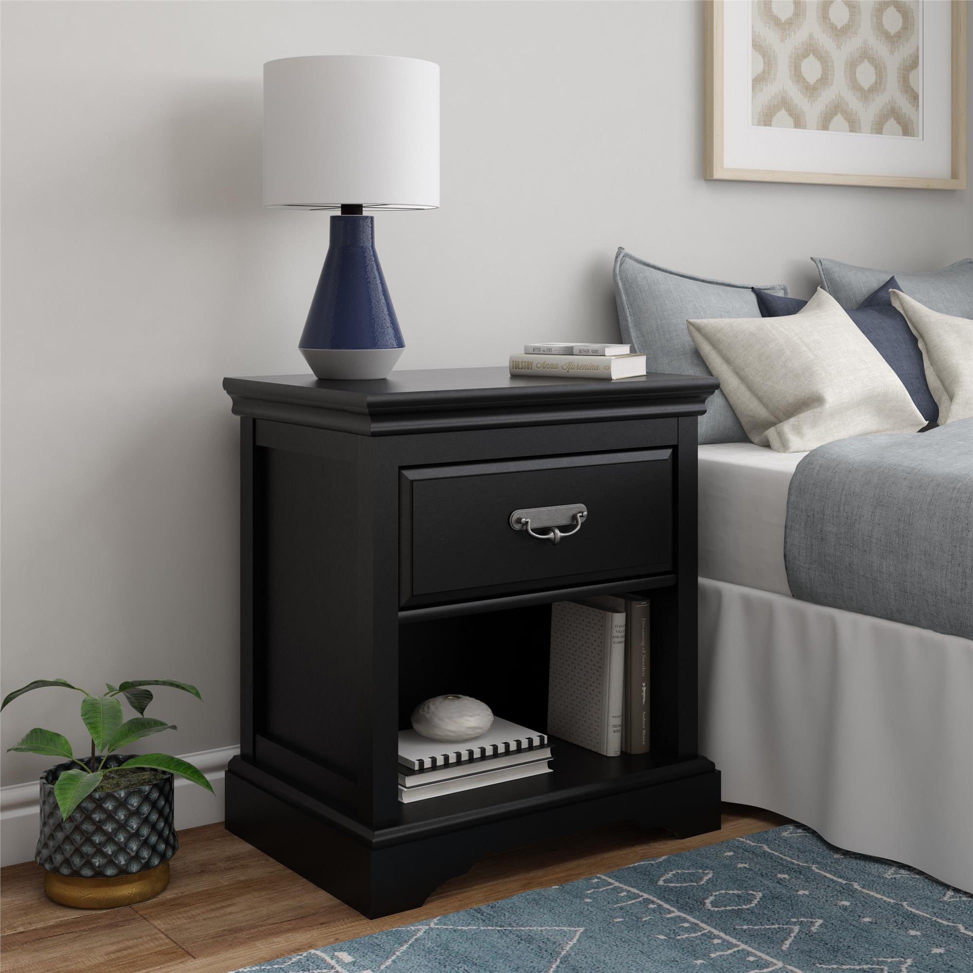 Bristol 1 Drawer Nightstand with Elegant Moldings and Pewter Pull - Black