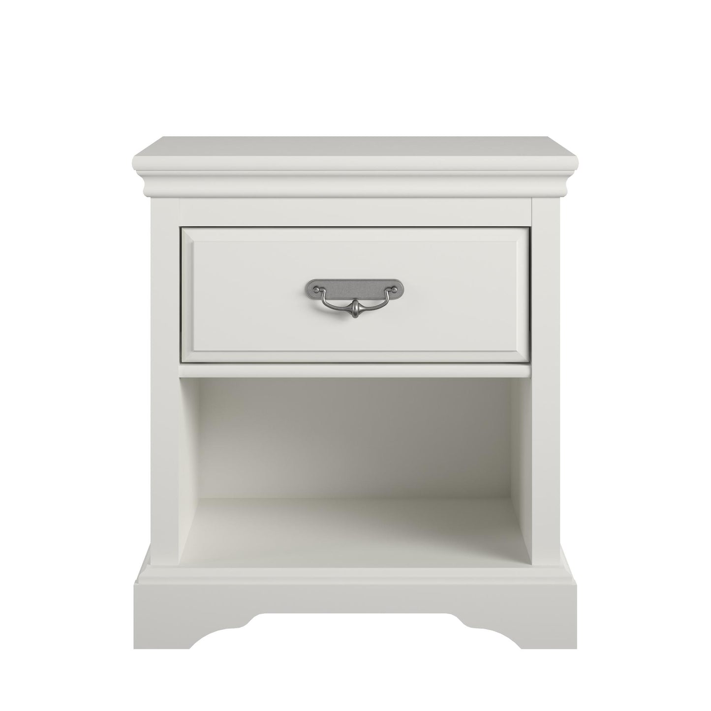 Bristol 1 Drawer Nightstand with Elegant Moldings and Pewter Pull - White