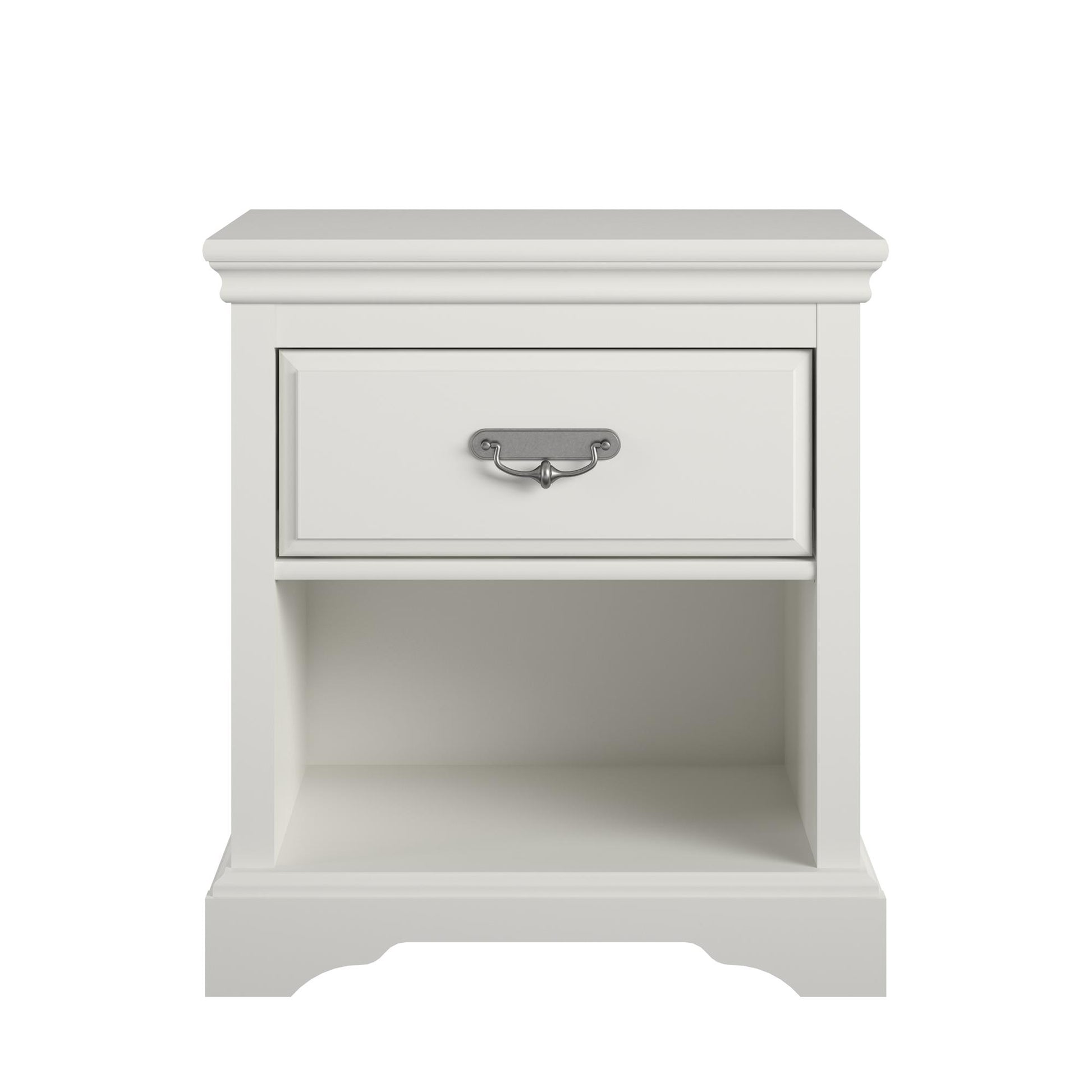 Bristol 1 Drawer Nightstand with Elegant Moldings and Pewter Pull - White