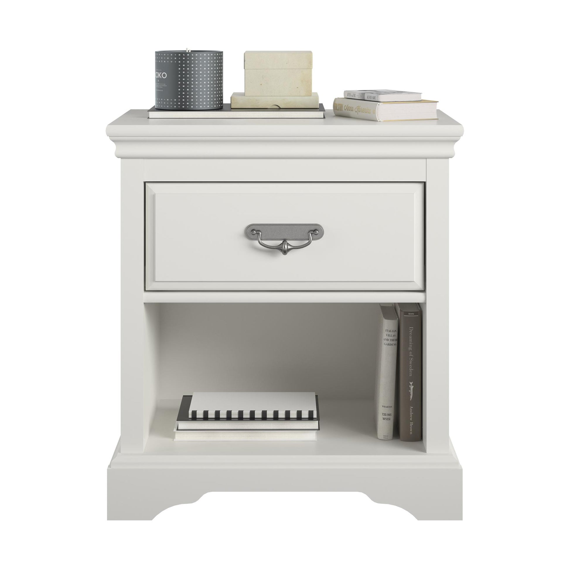 Bristol 1 Drawer Nightstand with Elegant Moldings and Pewter Pull - White