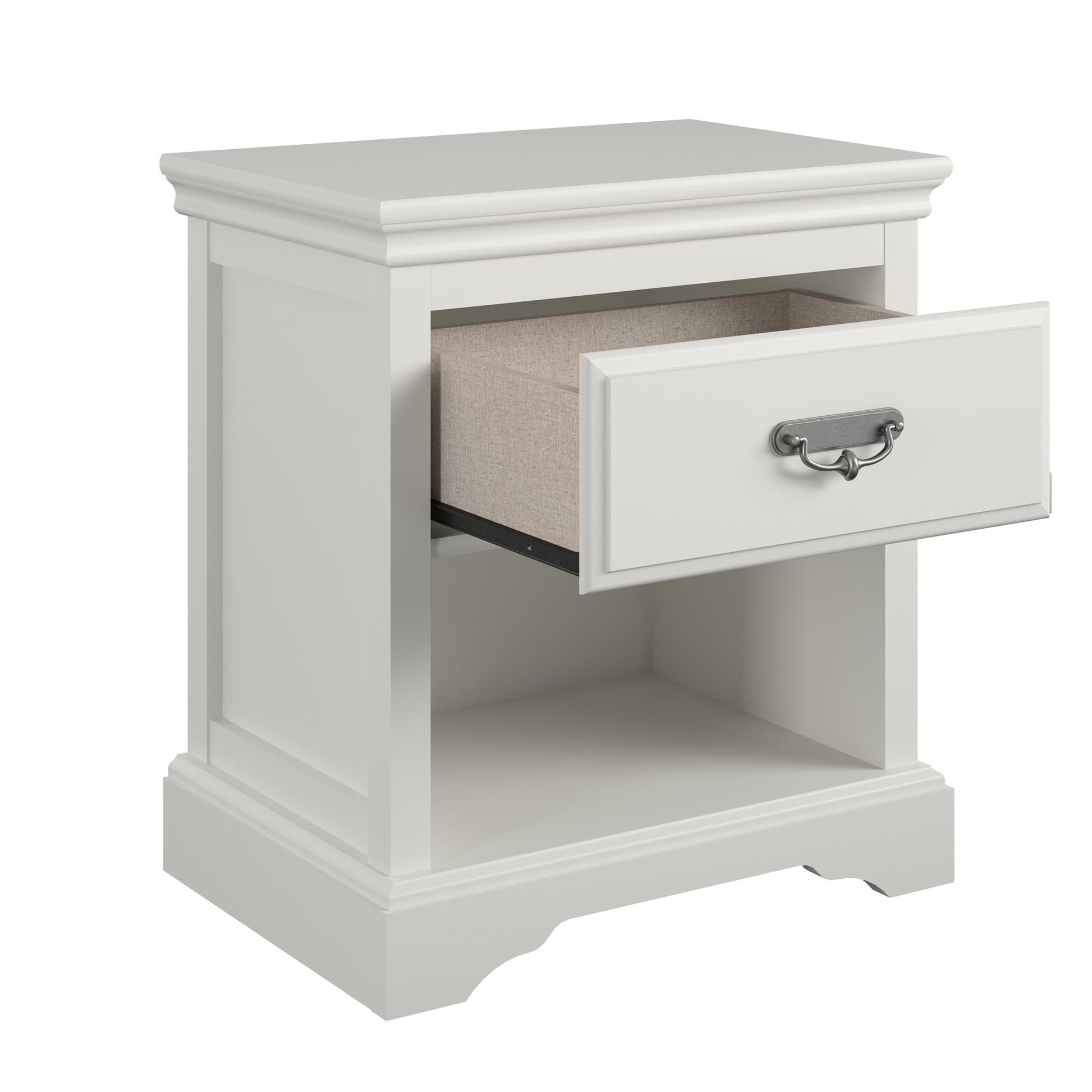 Bristol 1 Drawer Nightstand with Elegant Moldings and Pewter Pull - White