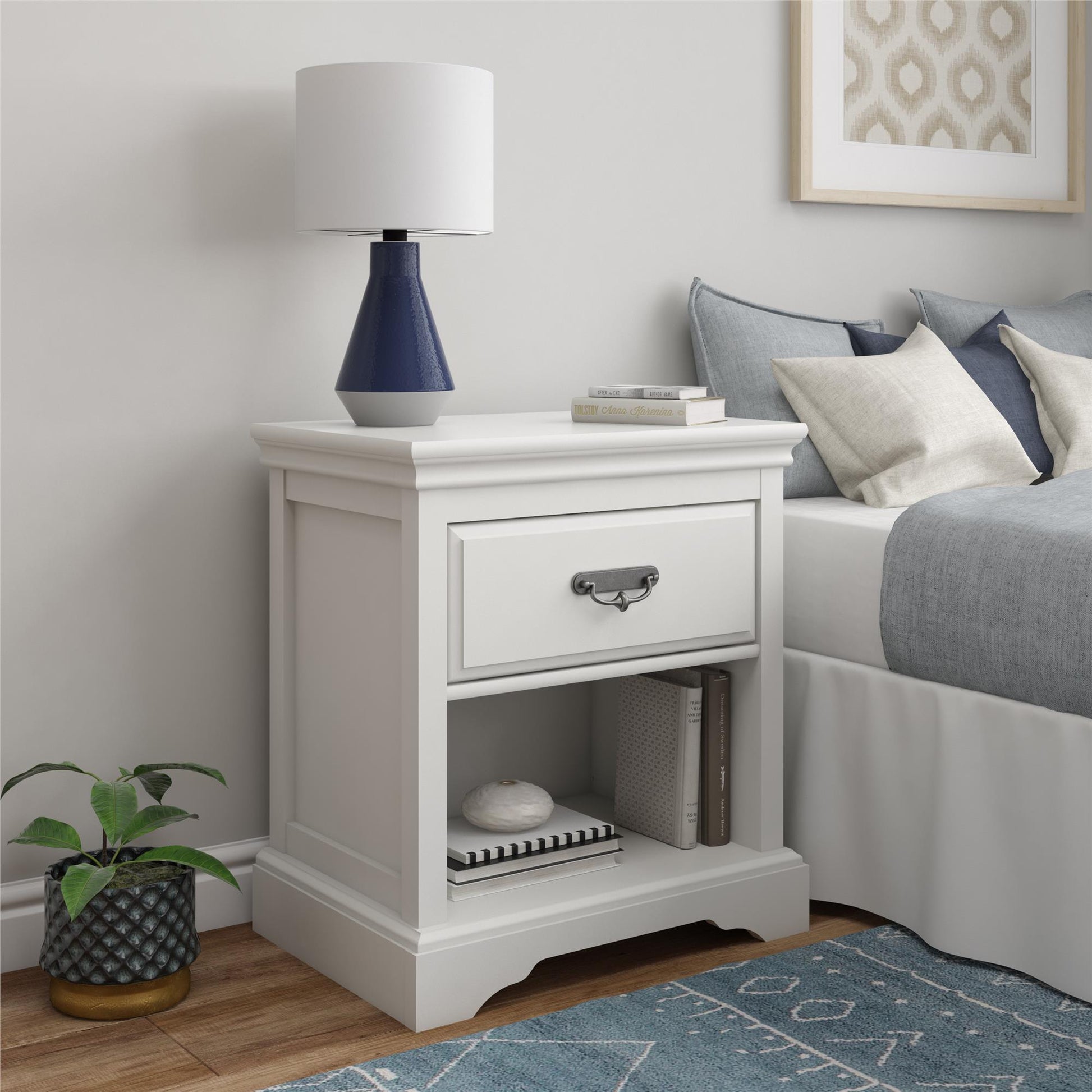 Bristol 1 Drawer Nightstand with Elegant Moldings and Pewter Pull - White