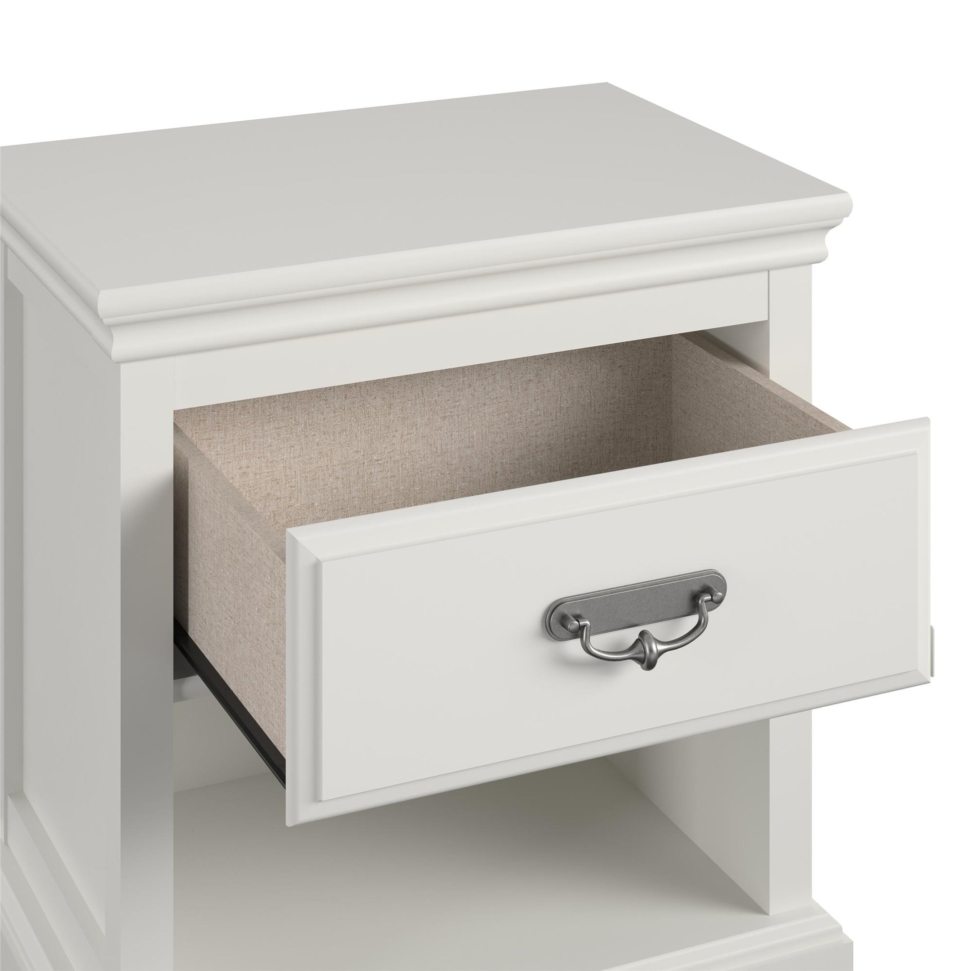Bristol 1 Drawer Nightstand with Elegant Moldings and Pewter Pull - White