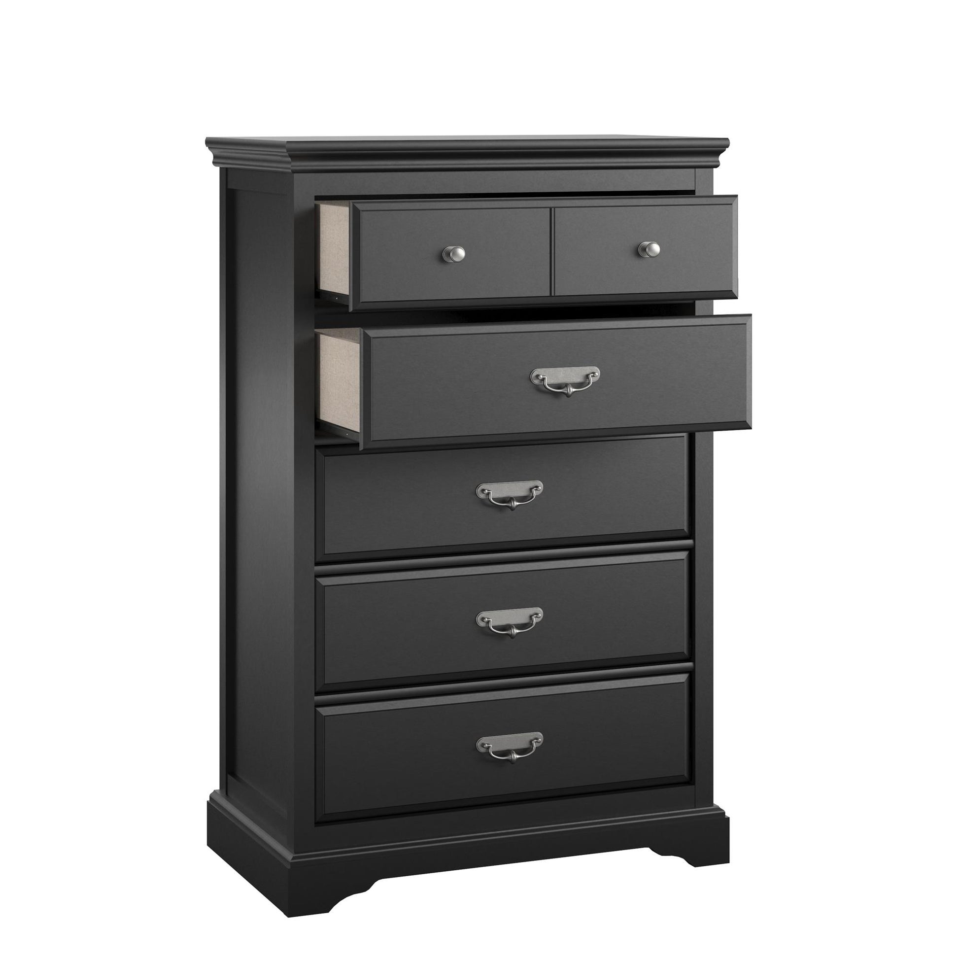 Bristol Traditional 5 Drawer Dresser with Elegant Moldings and Pewter Pulls - Black