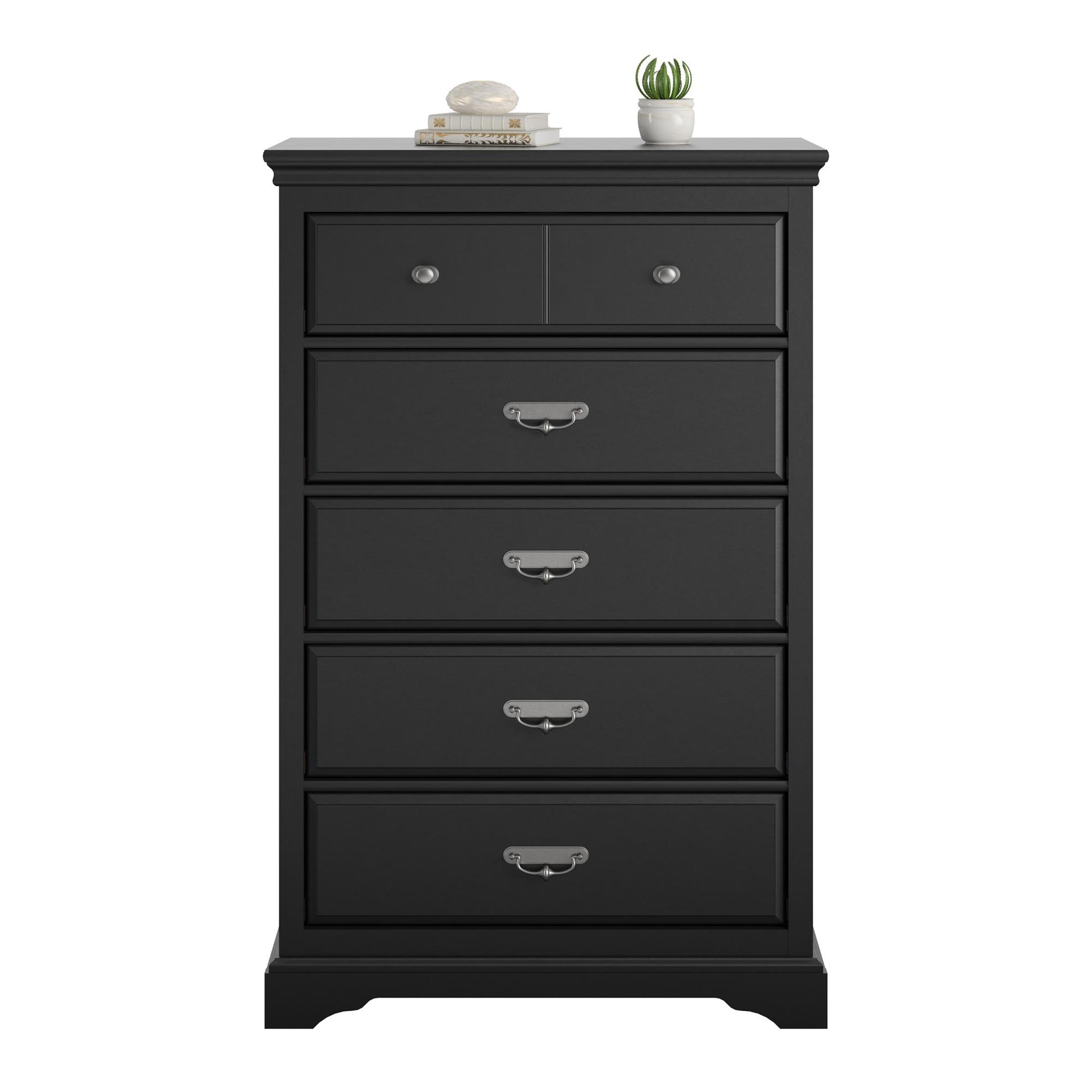 Bristol Traditional 5 Drawer Dresser with Elegant Moldings and Pewter Pulls - Black