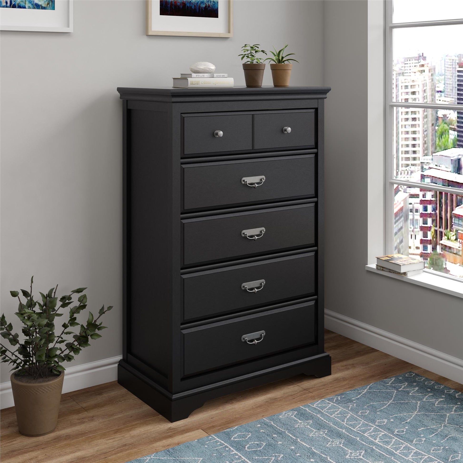 Bristol Traditional 5 Drawer Dresser with Elegant Moldings and Pewter Pulls - Black