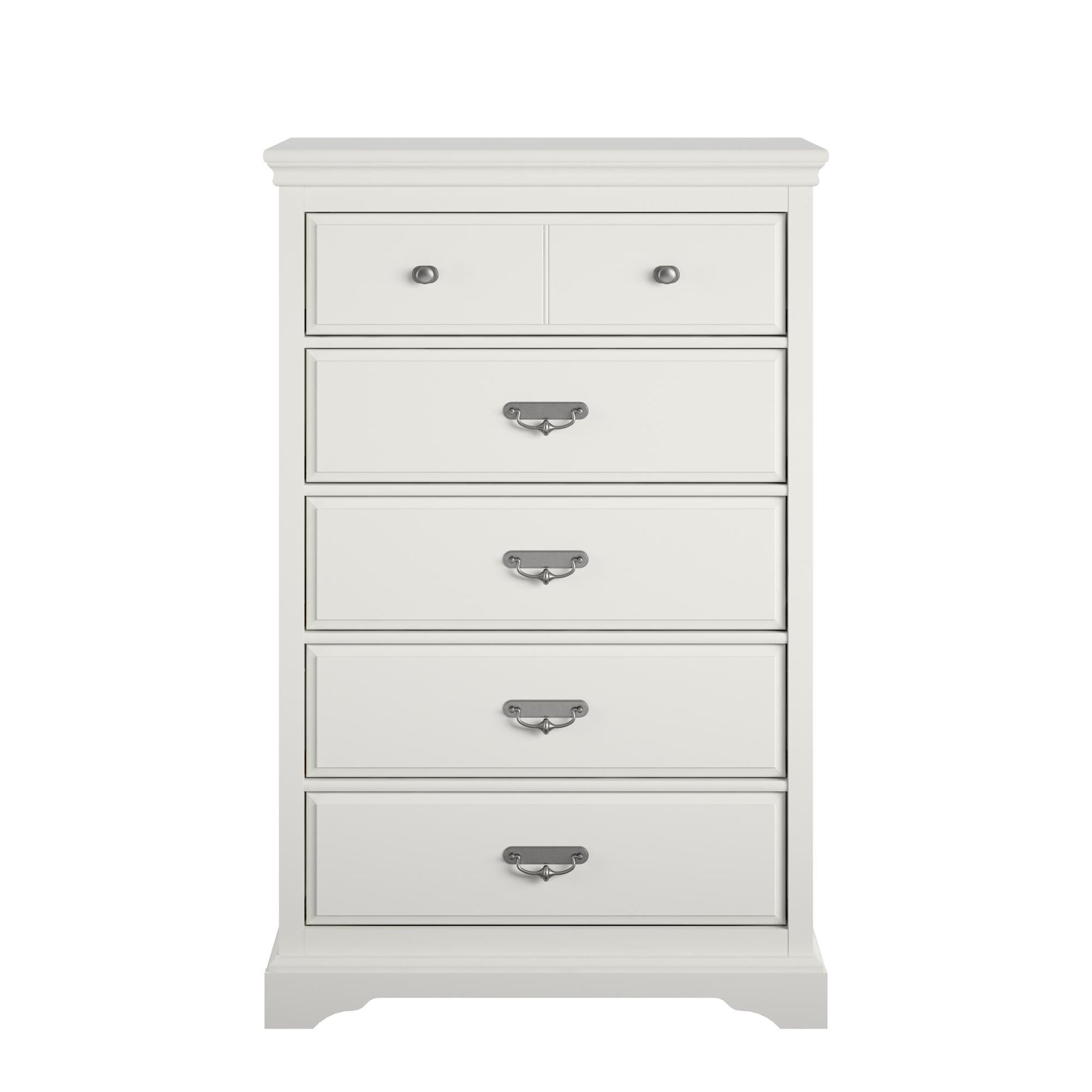 Bristol Traditional 5 Drawer Dresser with Elegant Moldings and Pewter Pulls - White
