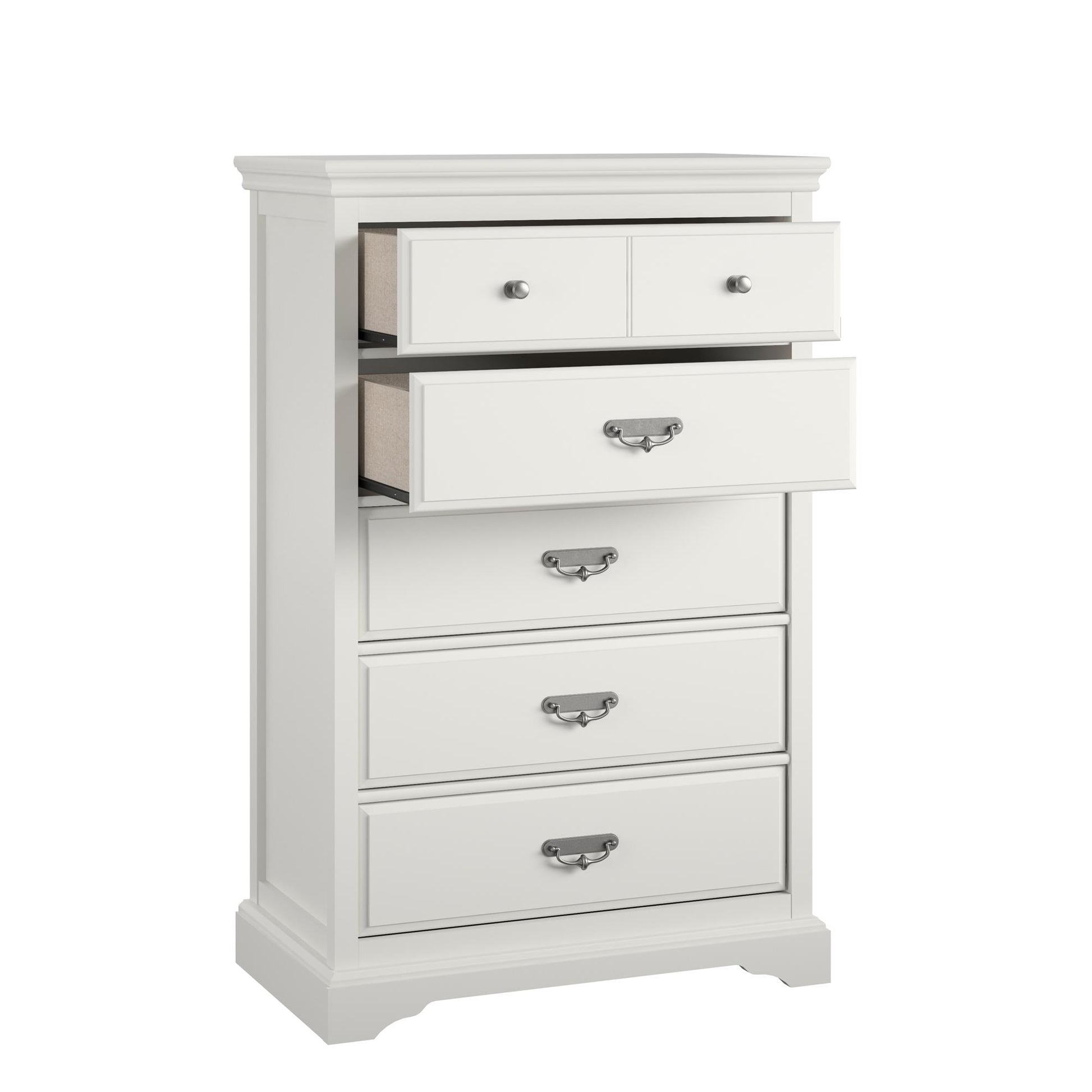 Bristol Traditional 5 Drawer Dresser with Elegant Moldings and Pewter Pulls - White