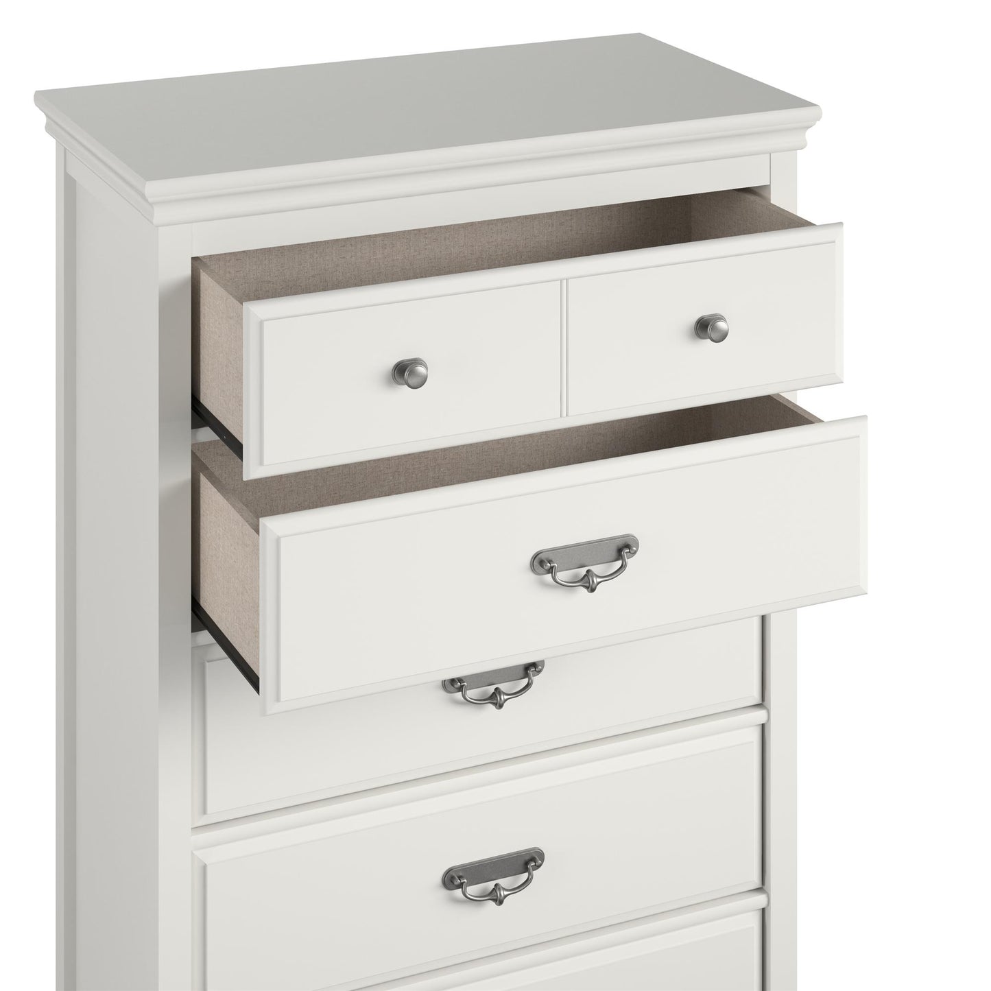 Bristol Traditional 5 Drawer Dresser with Elegant Moldings and Pewter Pulls - White
