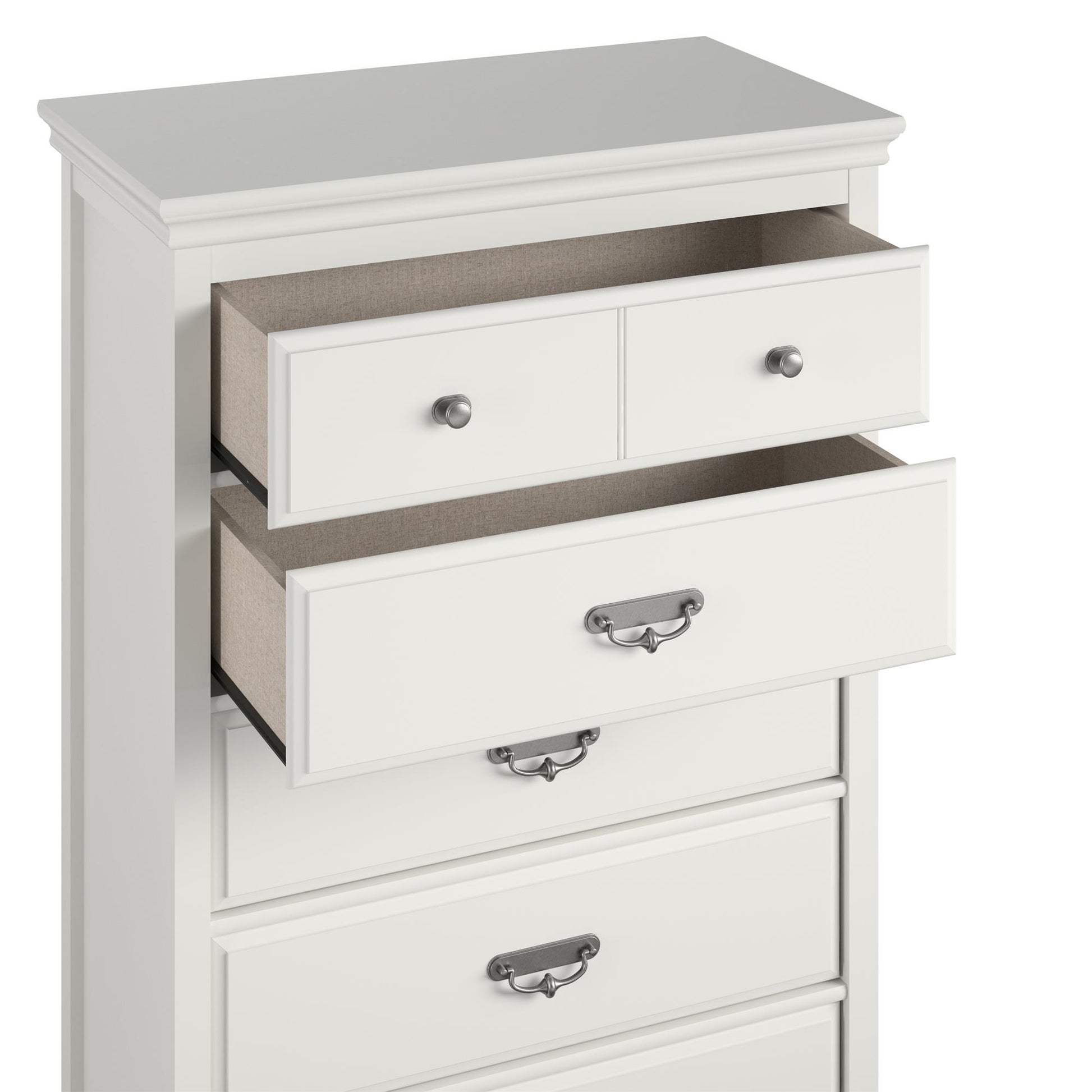 Bristol Traditional 5 Drawer Dresser with Elegant Moldings and Pewter Pulls - White