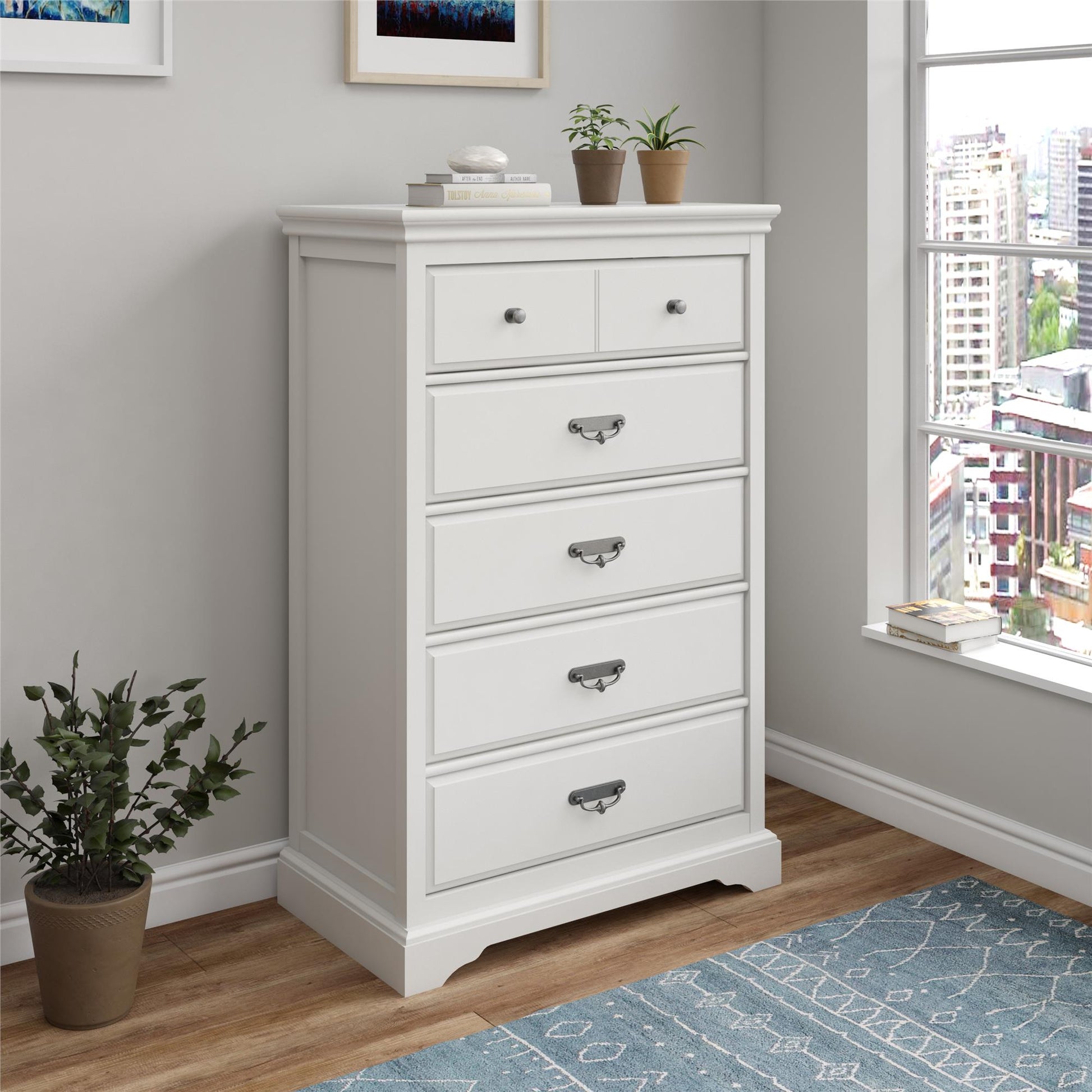 Bristol Traditional 5 Drawer Dresser with Elegant Moldings and Pewter Pulls - White