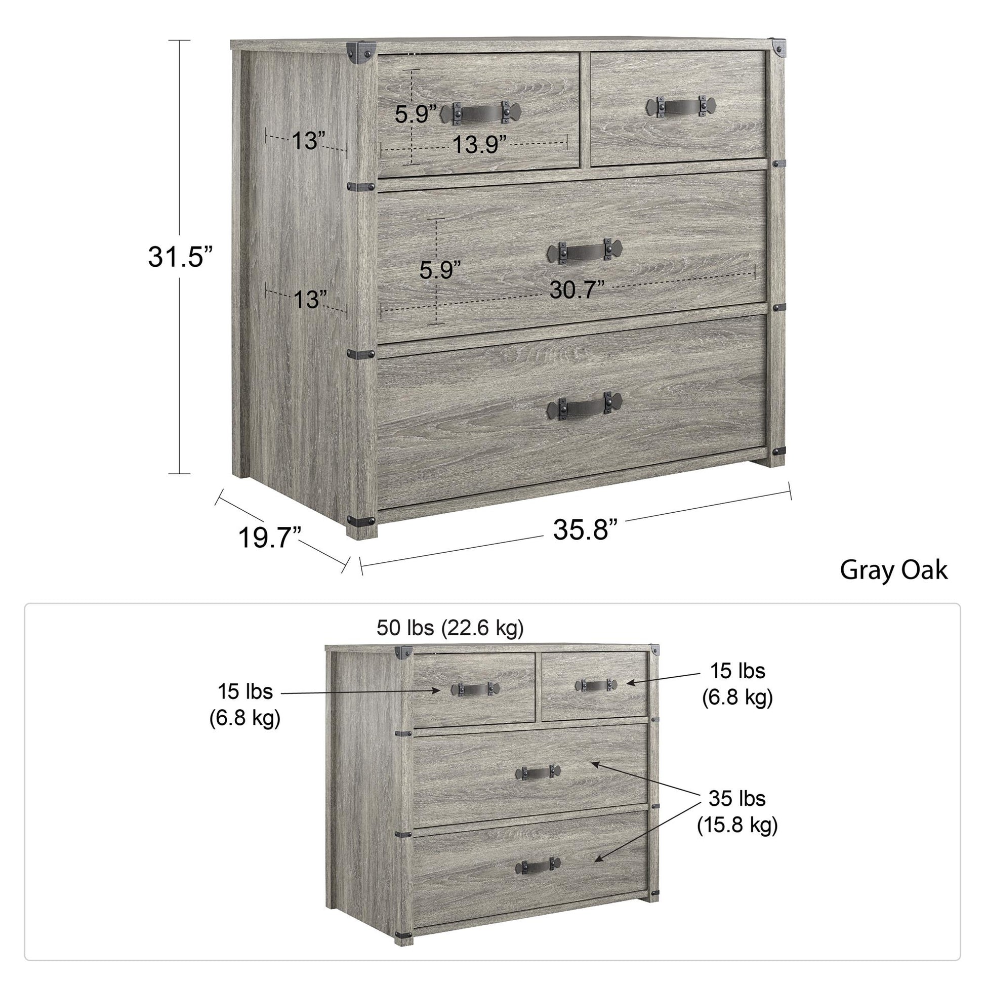 Nova 4 Drawer Storage Dresser with Leather Drawer Pulls - Gray Oak